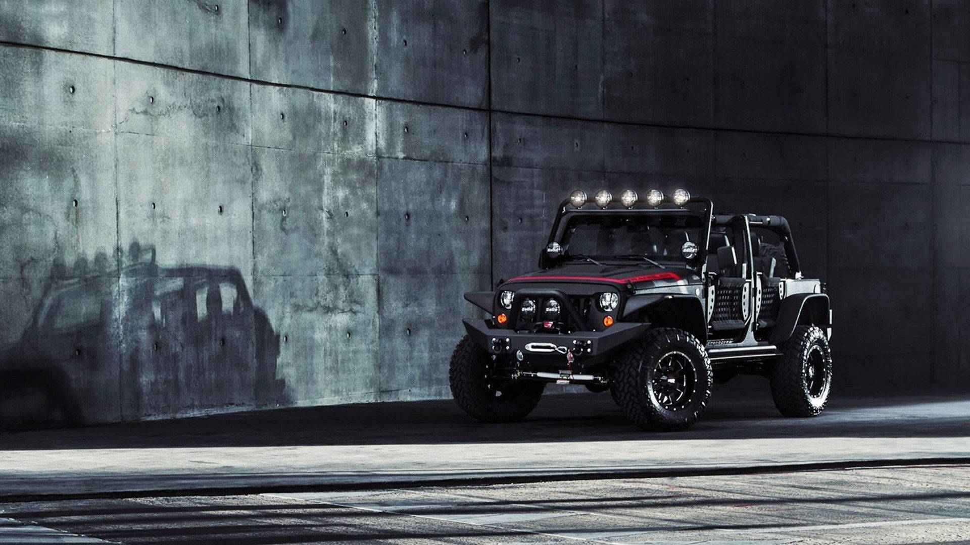 Black Jeep, red accents, textured concrete wall, Full HD Desktop Wallpaper