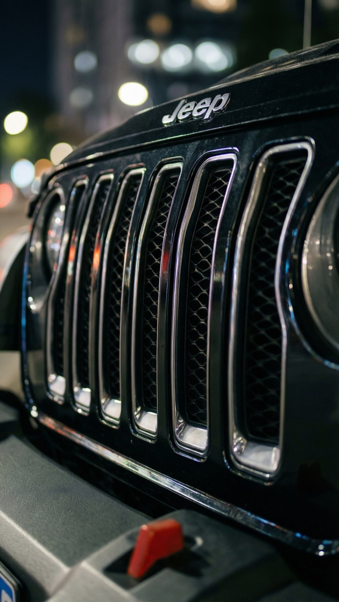 black Jeep, chrome accents, red tow hook, Full HD Phone Wallpaper
