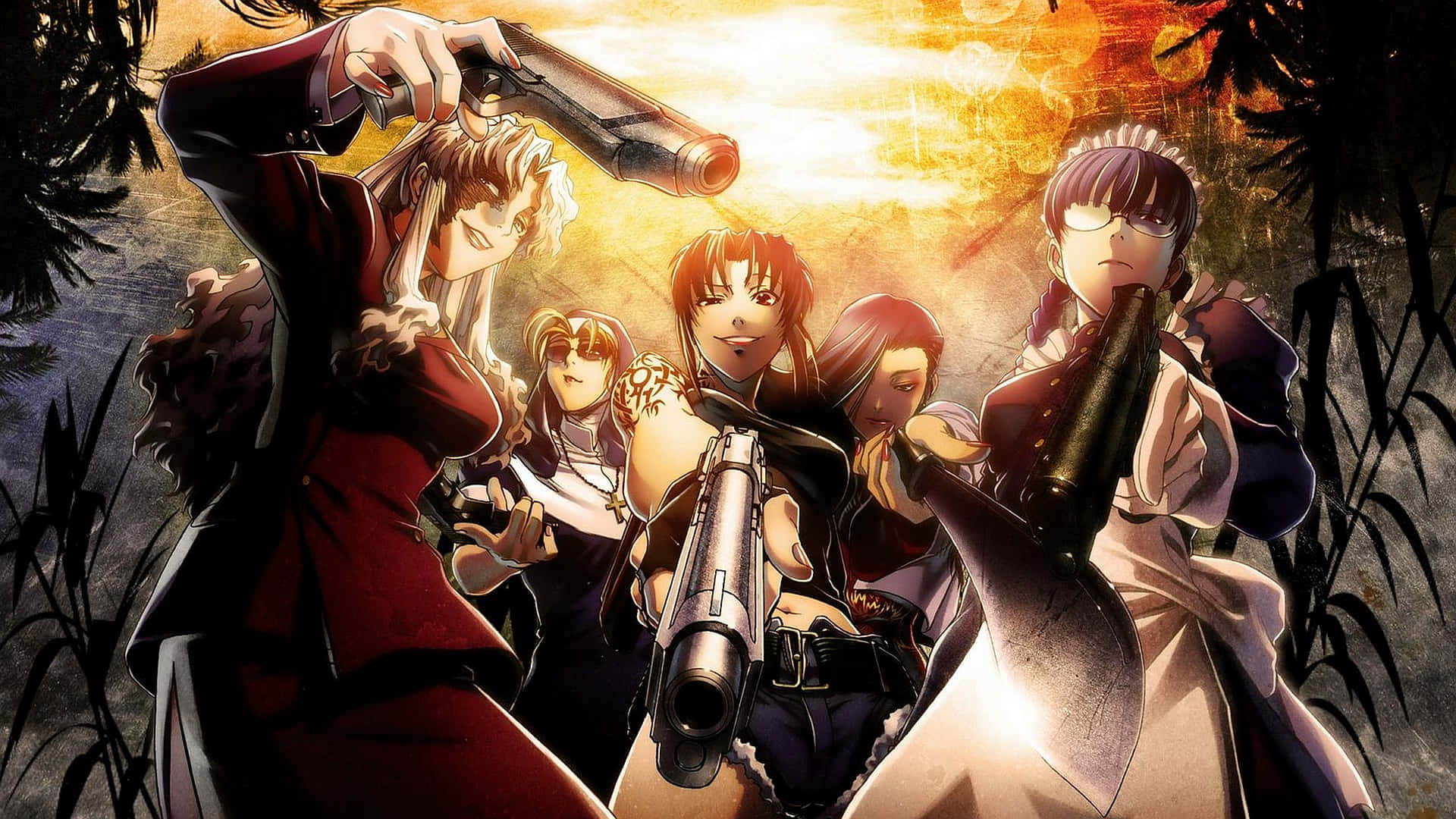 Black Lagoon, anime action scene, firey sunset, Full HD Desktop Wallpaper