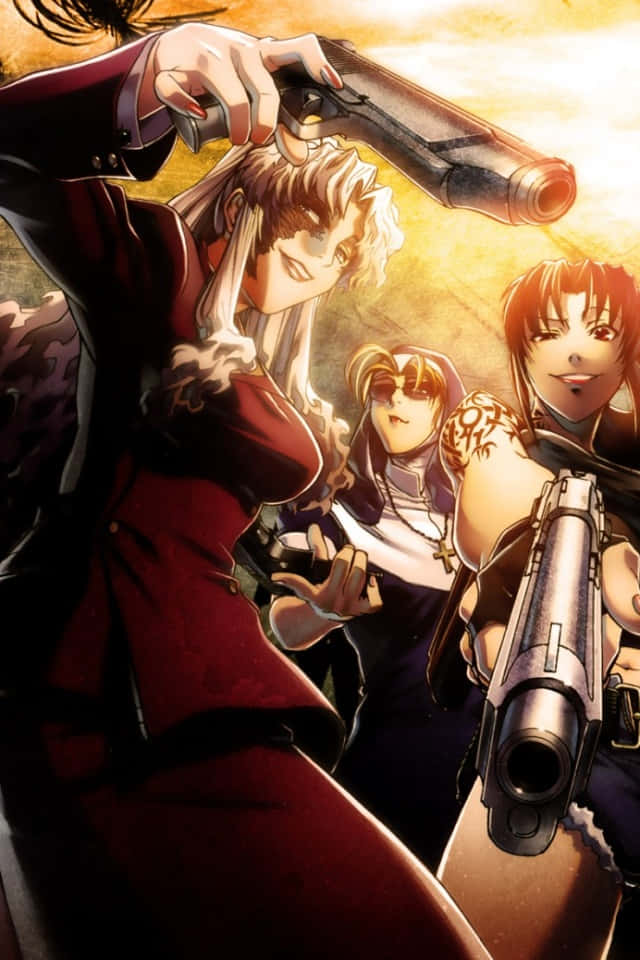 Black Lagoon, Roberta, red and gold tones, SD Phone Wallpaper
