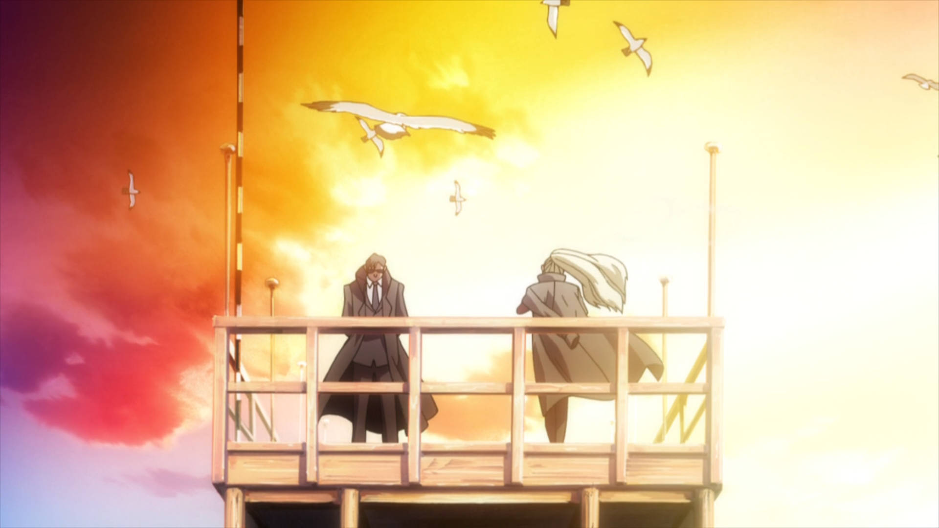 Black Lagoon, sunset, seagulls, Full HD Desktop Wallpaper