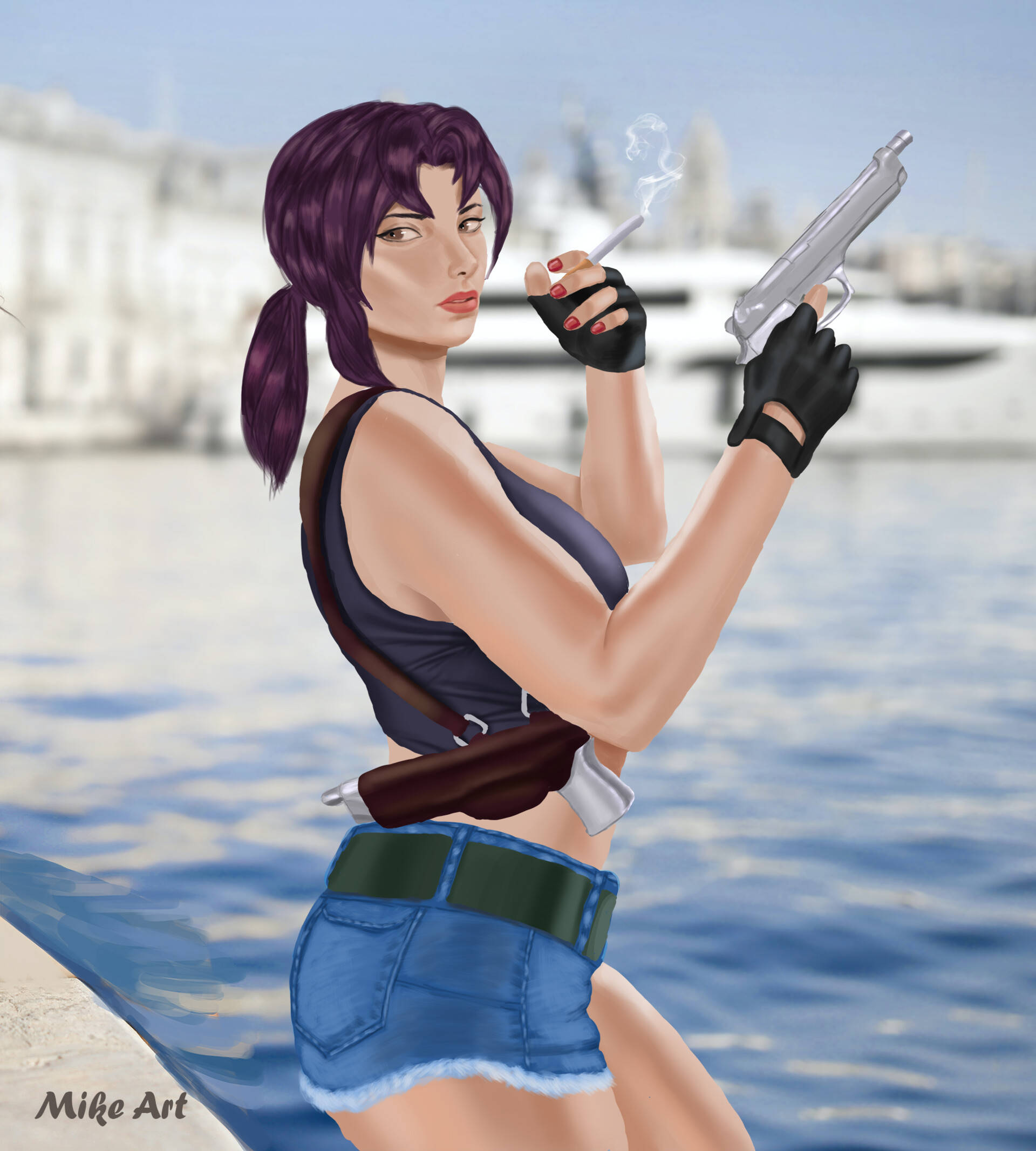 Black lagoon, twilight, anime-style woman, Full HD Phone Wallpaper
