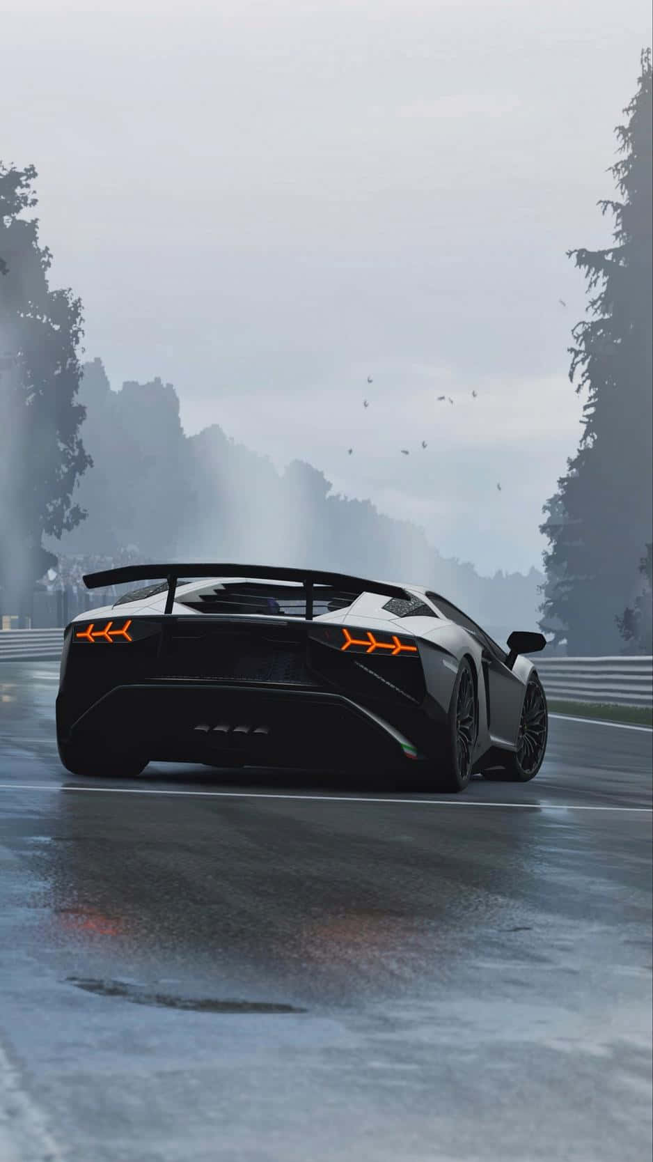 black Lamborghini, glowing orange taillights, wet forest-lined racetrack, HD Phone Wallpaper