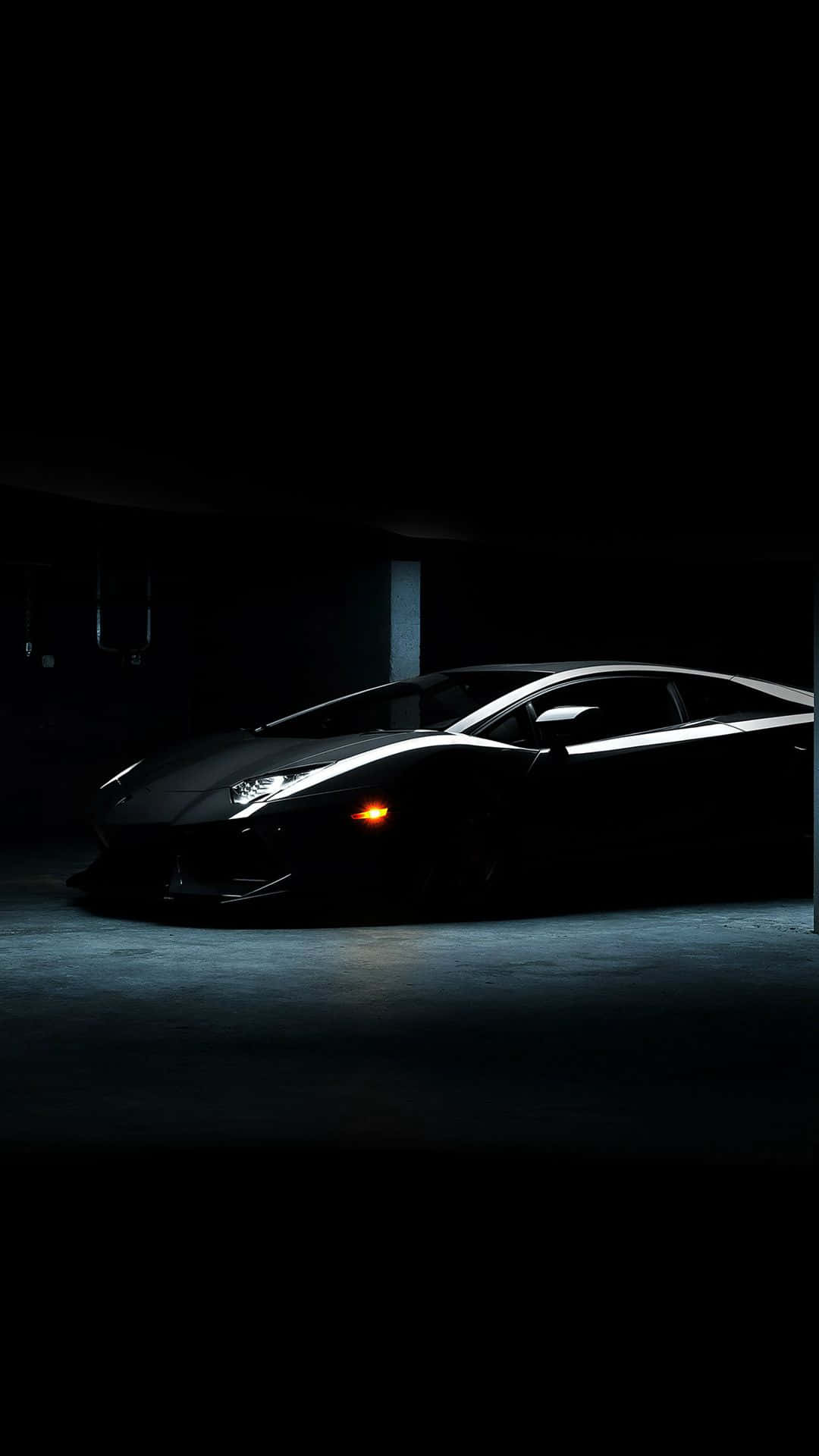 black sports car, dramatic spotlight, dark underground garage, Full HD Phone Wallpaper