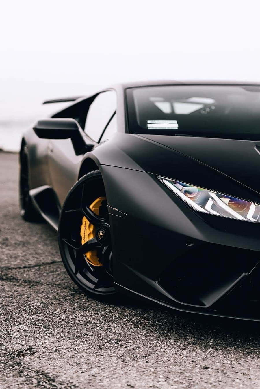 black Lamborghini, matte black, vibrant yellow brake calipers, HD Phone Wallpaper