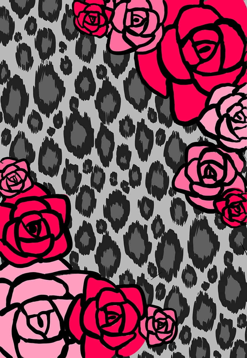 pink roses, black outlines, gray and black leopard print background, SD Phone Wallpaper