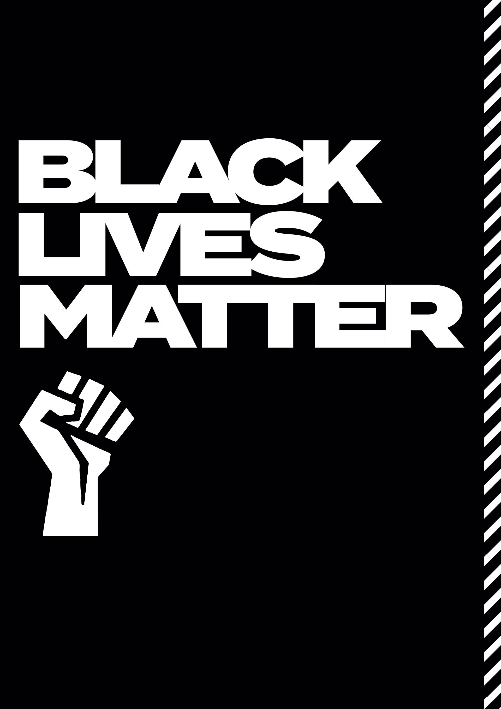 BLACK LIVES MATTER, raised fist graphic, stark black background, 2K Phone Wallpaper