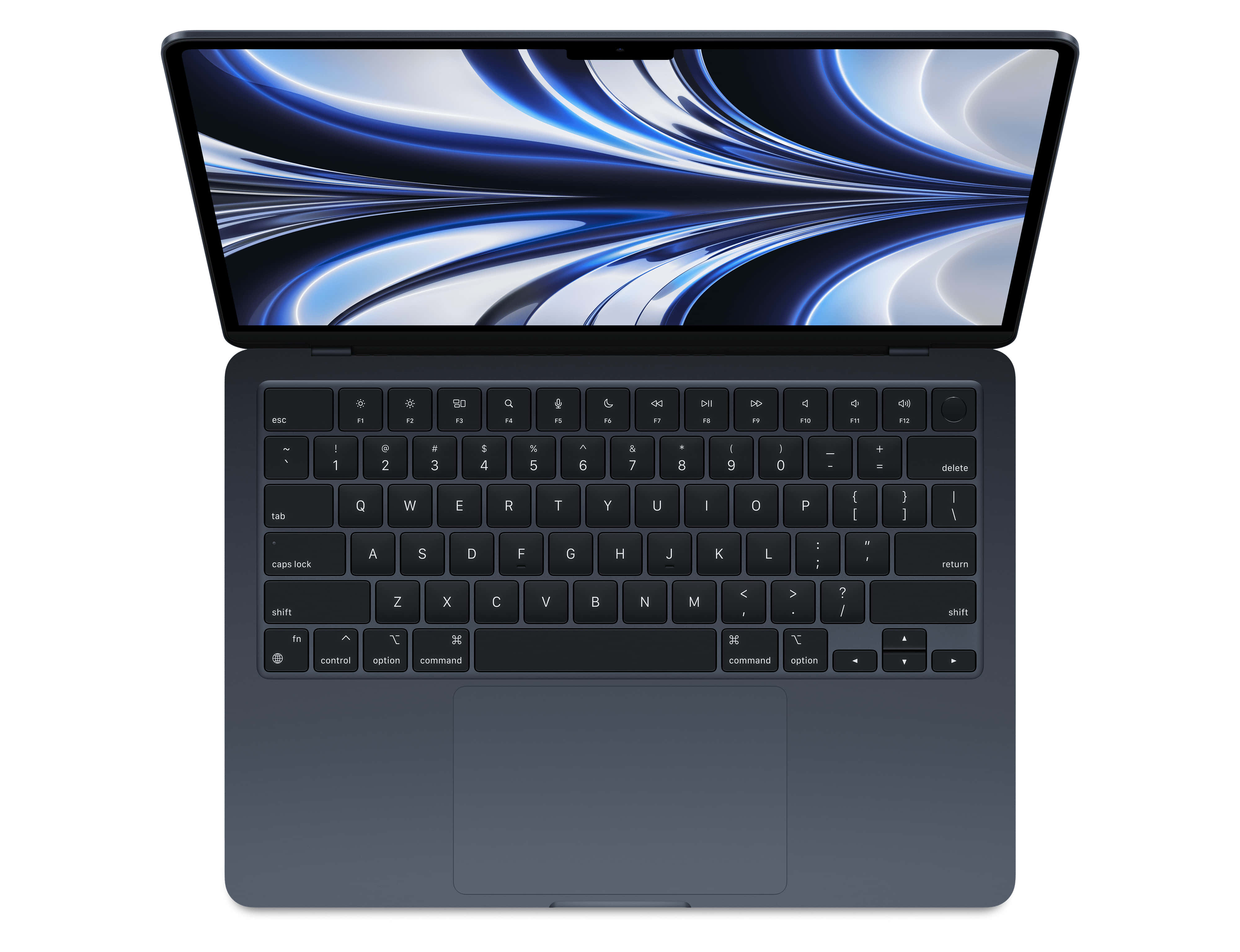 Black Macbook, dark gray, blue and white abstract swirl, 4K Desktop Wallpaper