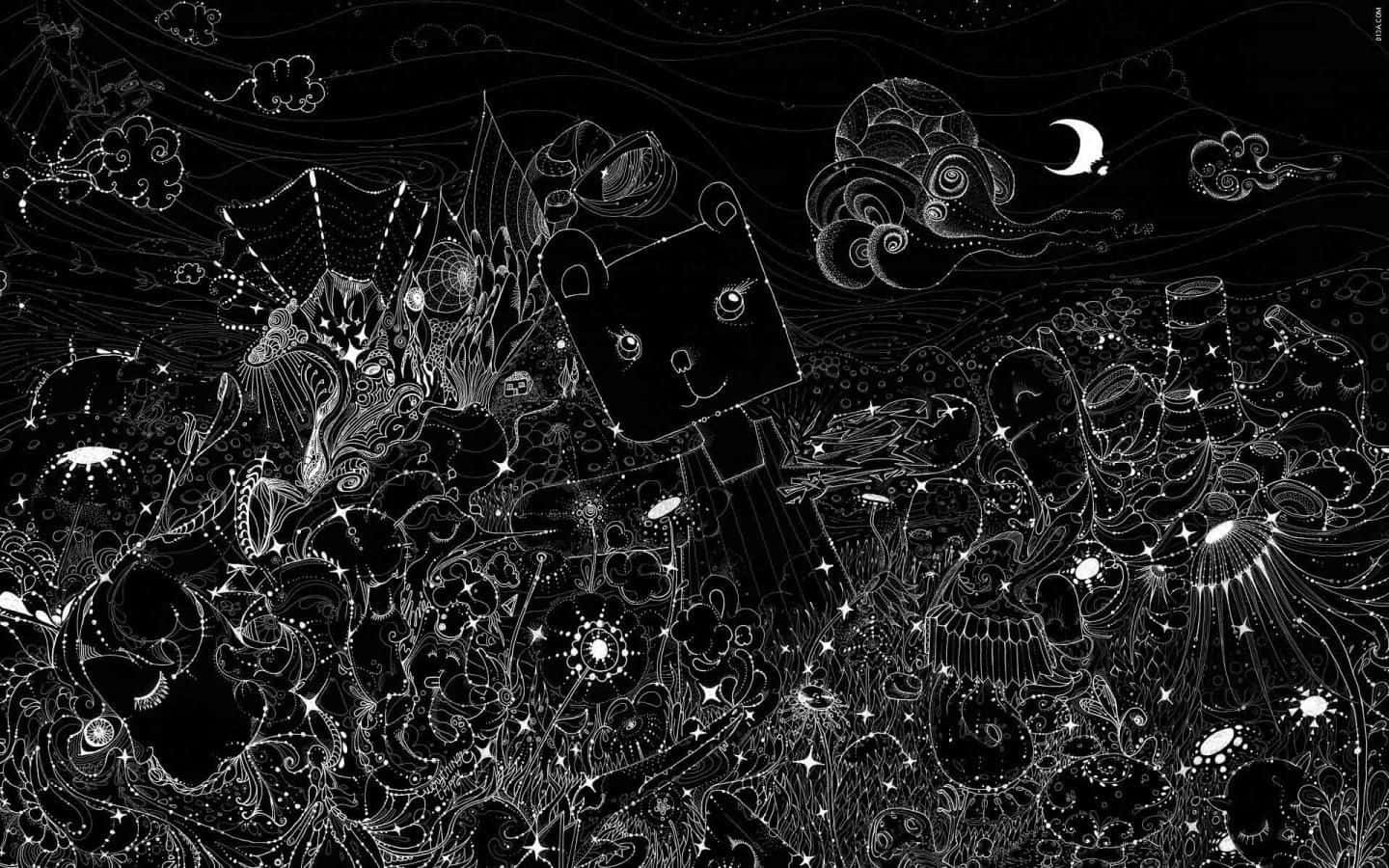Black MacBook, blocky creature, swirling clouds, HD Desktop Wallpaper