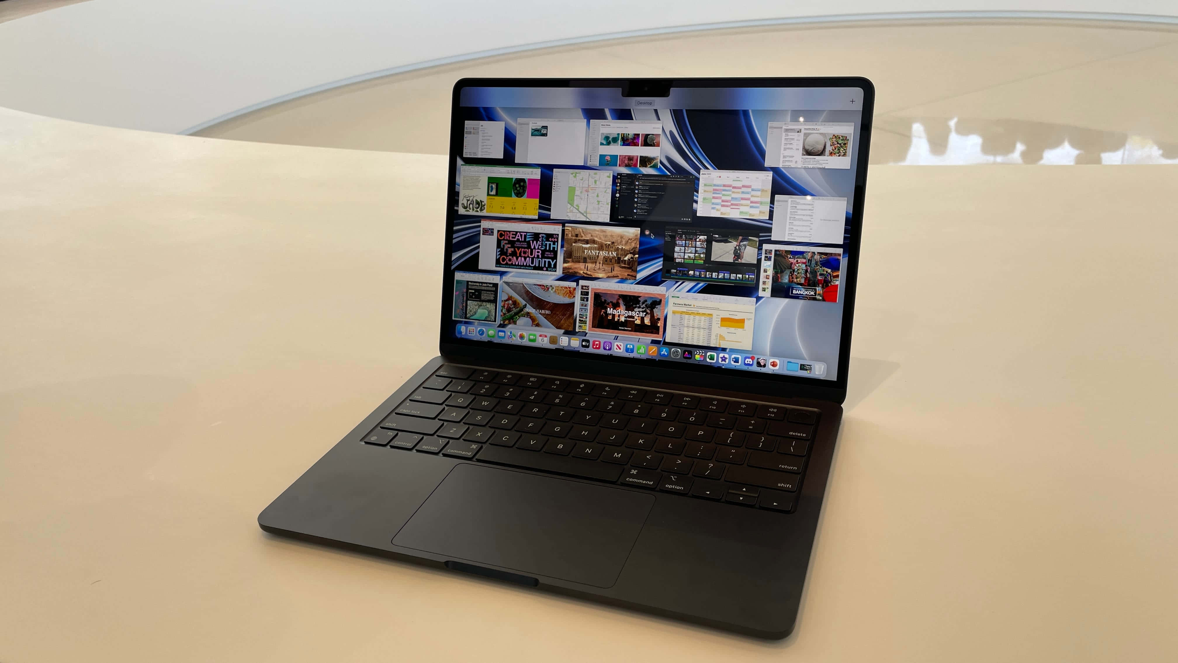 black Macbook, sleek black laptop, silver desk, 4K Desktop Wallpaper