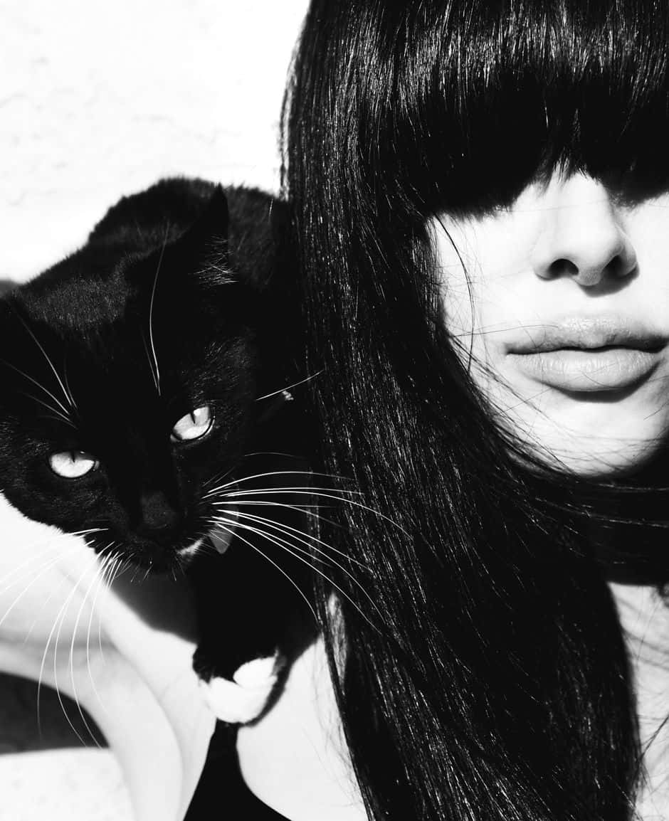 Black Magic Woman, black cat, long dark hair, SD Phone Wallpaper