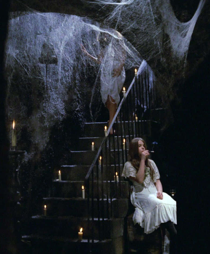 Black Magic Woman, white dress, stone stairs, SD Phone Wallpaper