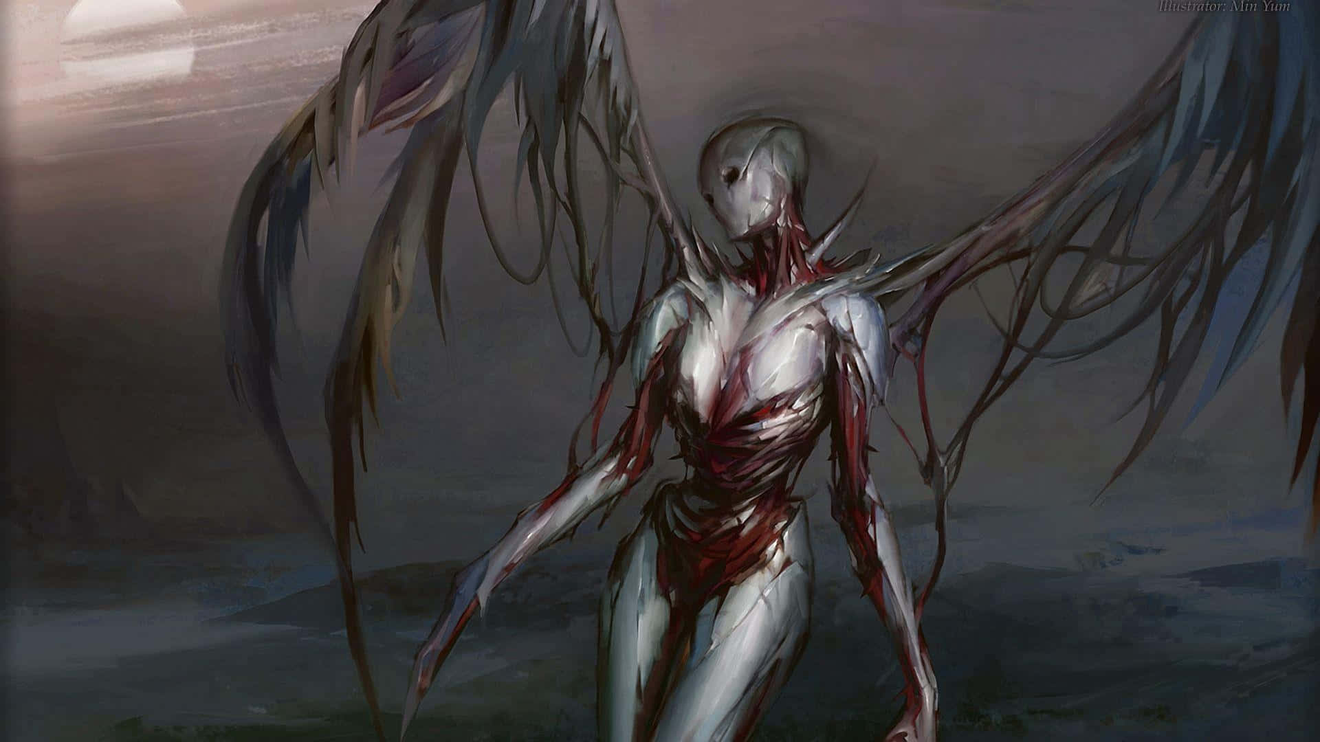 Black Magic Woman, pale winged figure, exposed red veins, Full HD Desktop Wallpaper