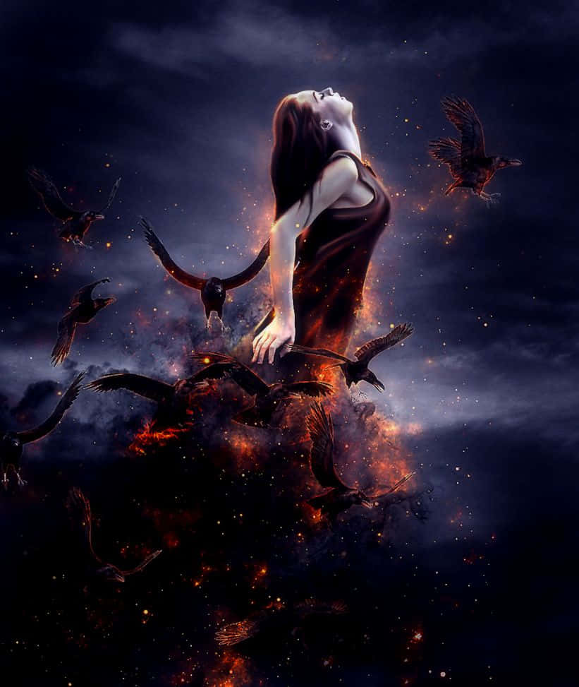 Black Magic Woman, dark hair, crows, SD Phone Wallpaper