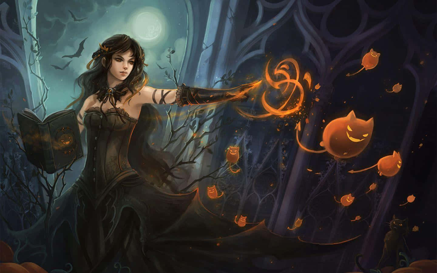Black Magic Woman, corseted gown, glowing orange spells, HD Desktop Wallpaper