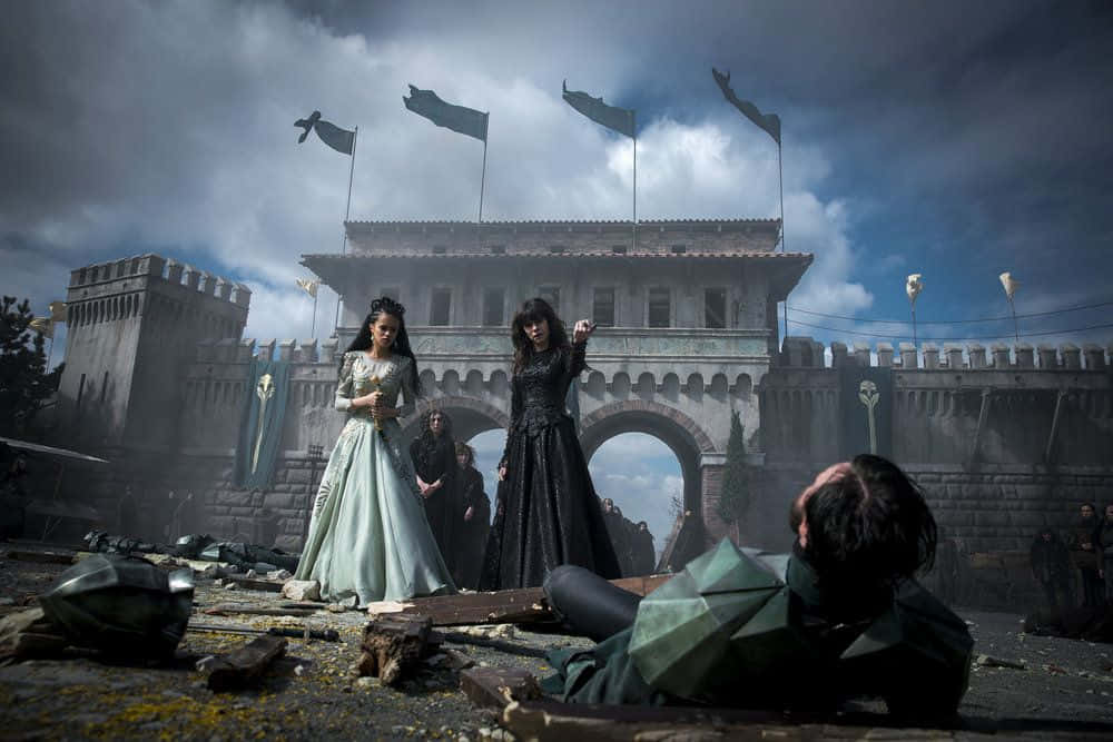 Black Magic Woman, period gowns, stone castle gate, SD Desktop Wallpaper