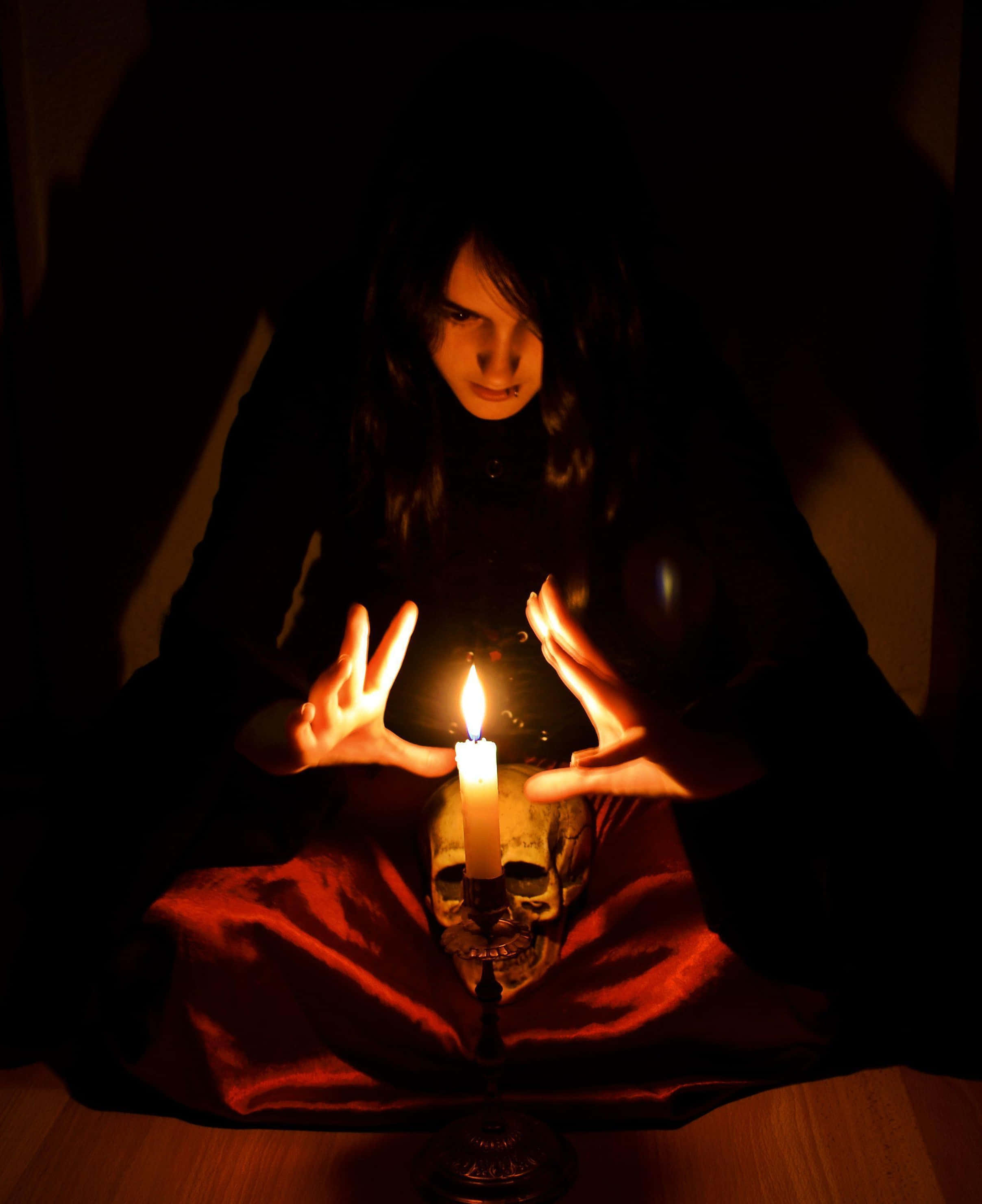 Black Magic Woman, dark hair, lit candle, 2K Phone Wallpaper
