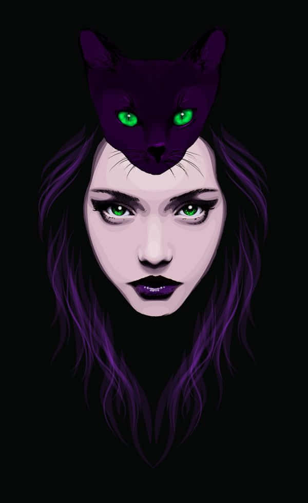 Black Magic Woman, purple hair, glowing green eyes, SD Phone Wallpaper