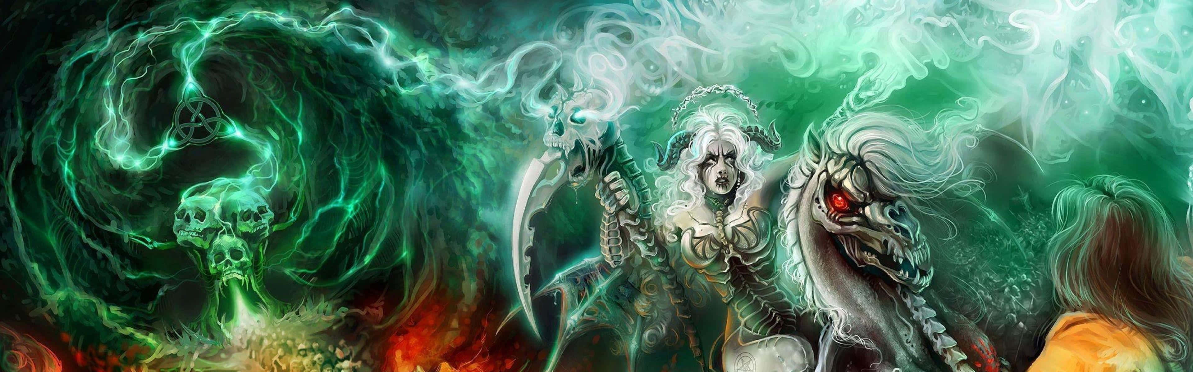 Black Magic Woman, skeletal rider, glowing red eyes, 4K Desktop Wallpaper