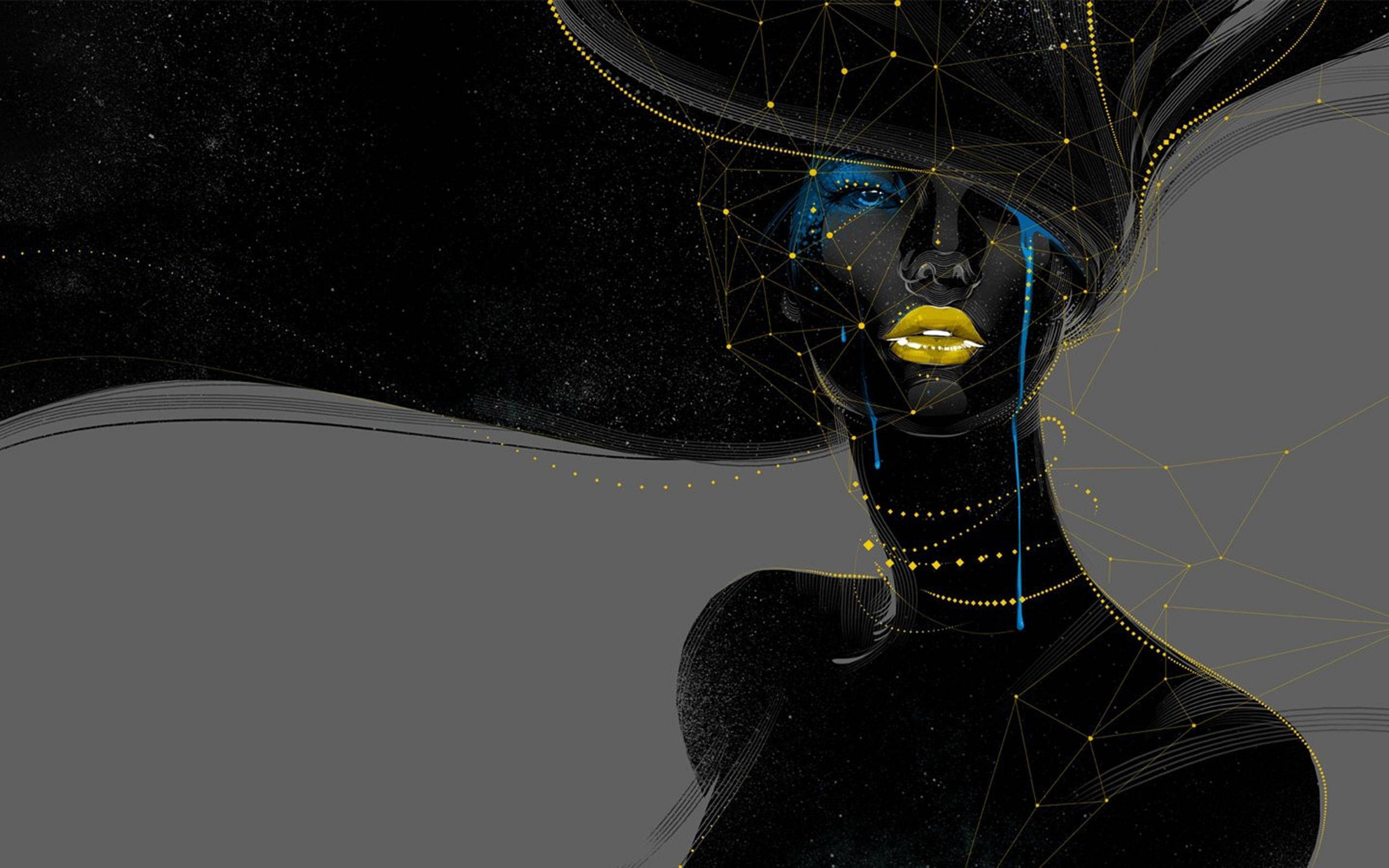 gold lips, blue tears, cosmic black background, 2K Desktop Wallpaper
