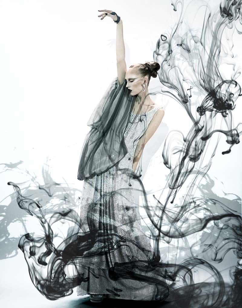 Black Magic Woman, shimmering gown, swirling black ink, SD Phone Wallpaper