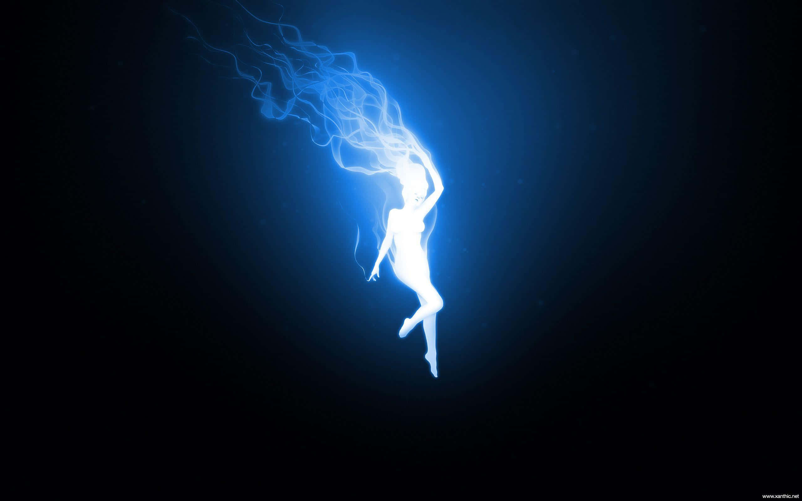 Black Magic Woman, electric blue energy trails, dark blue gradient background, 2K Desktop Wallpaper