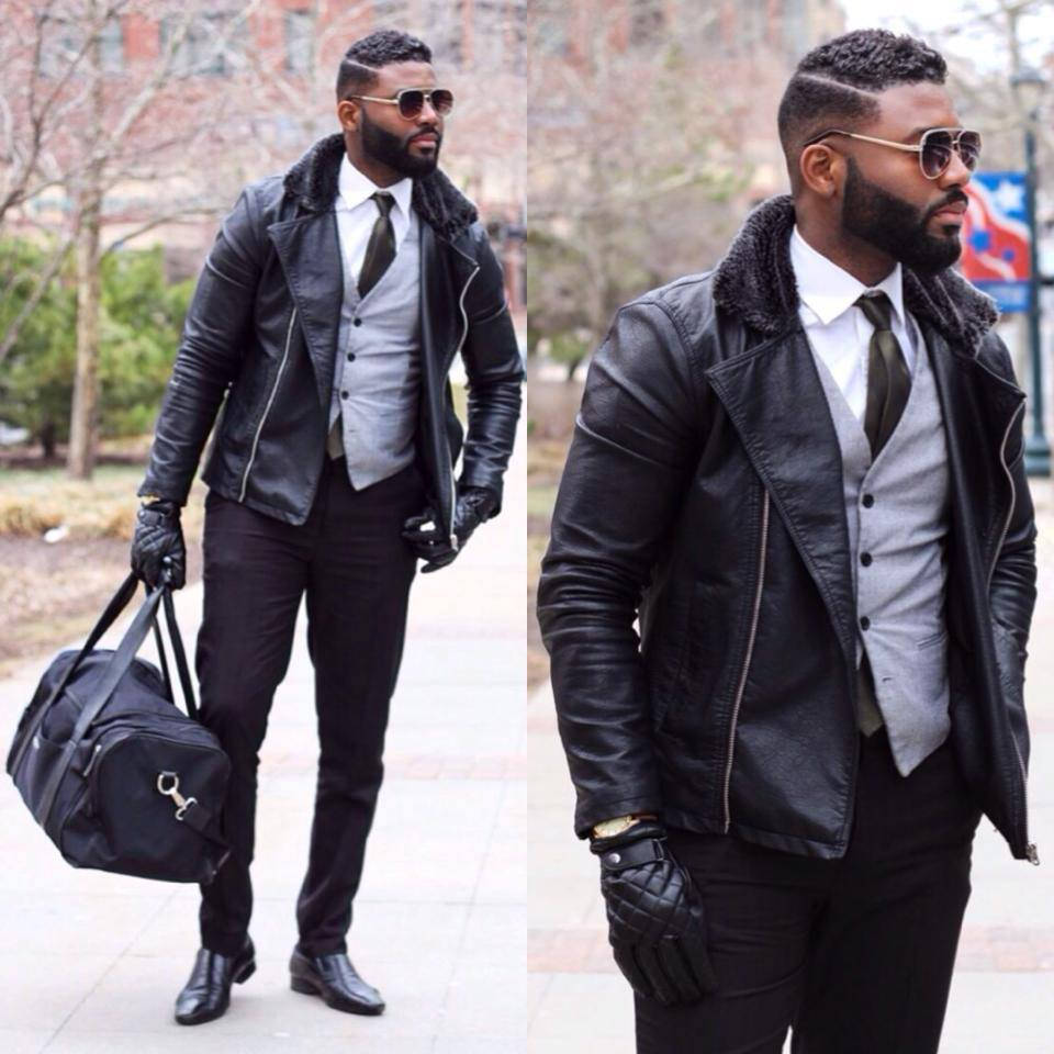 handsome black man, black leather jacket, gloves, SD Desktop Wallpaper