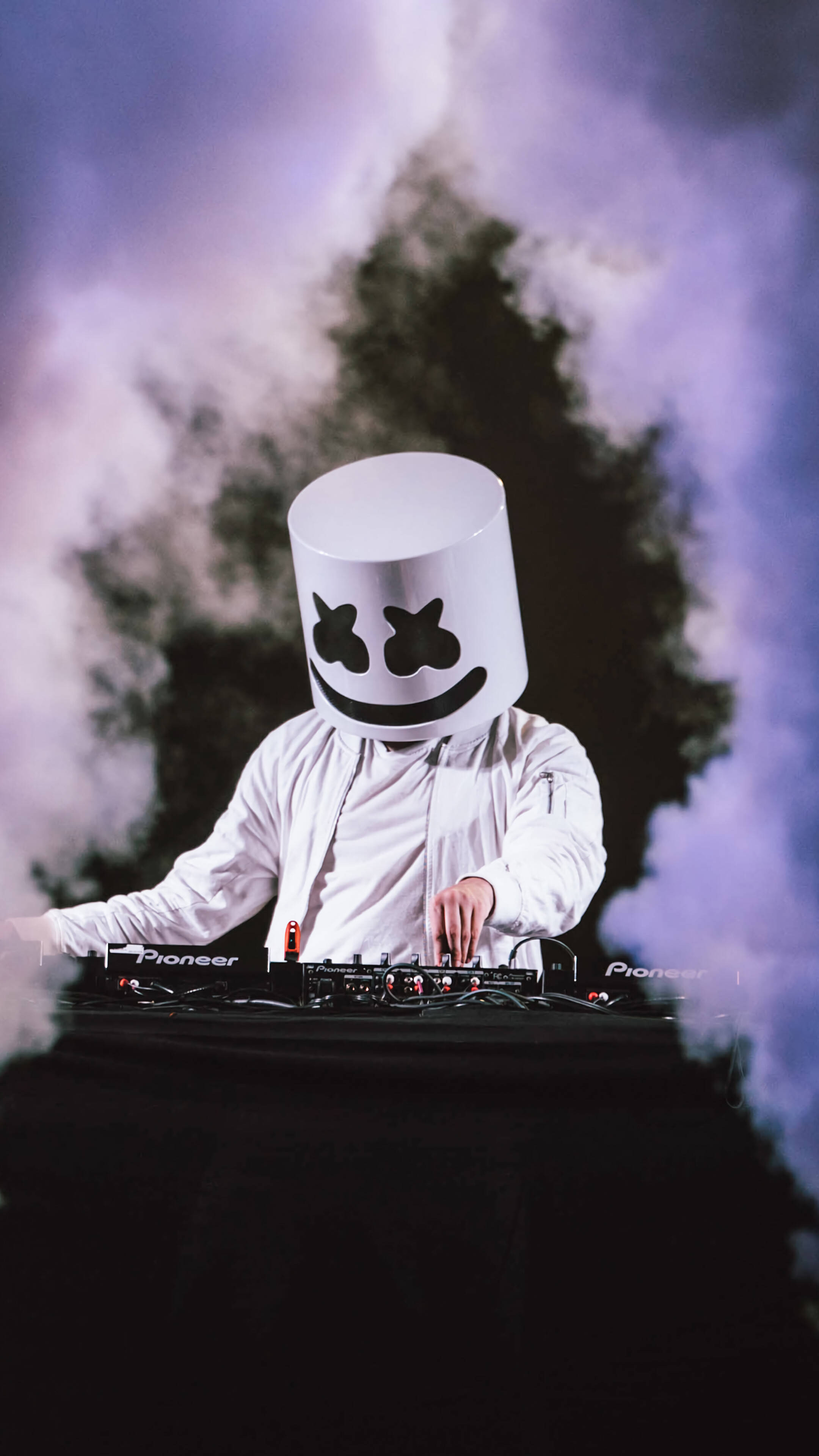 Black Marshmello, white marshmallow helmet, purple smoke, 4K Phone Wallpaper