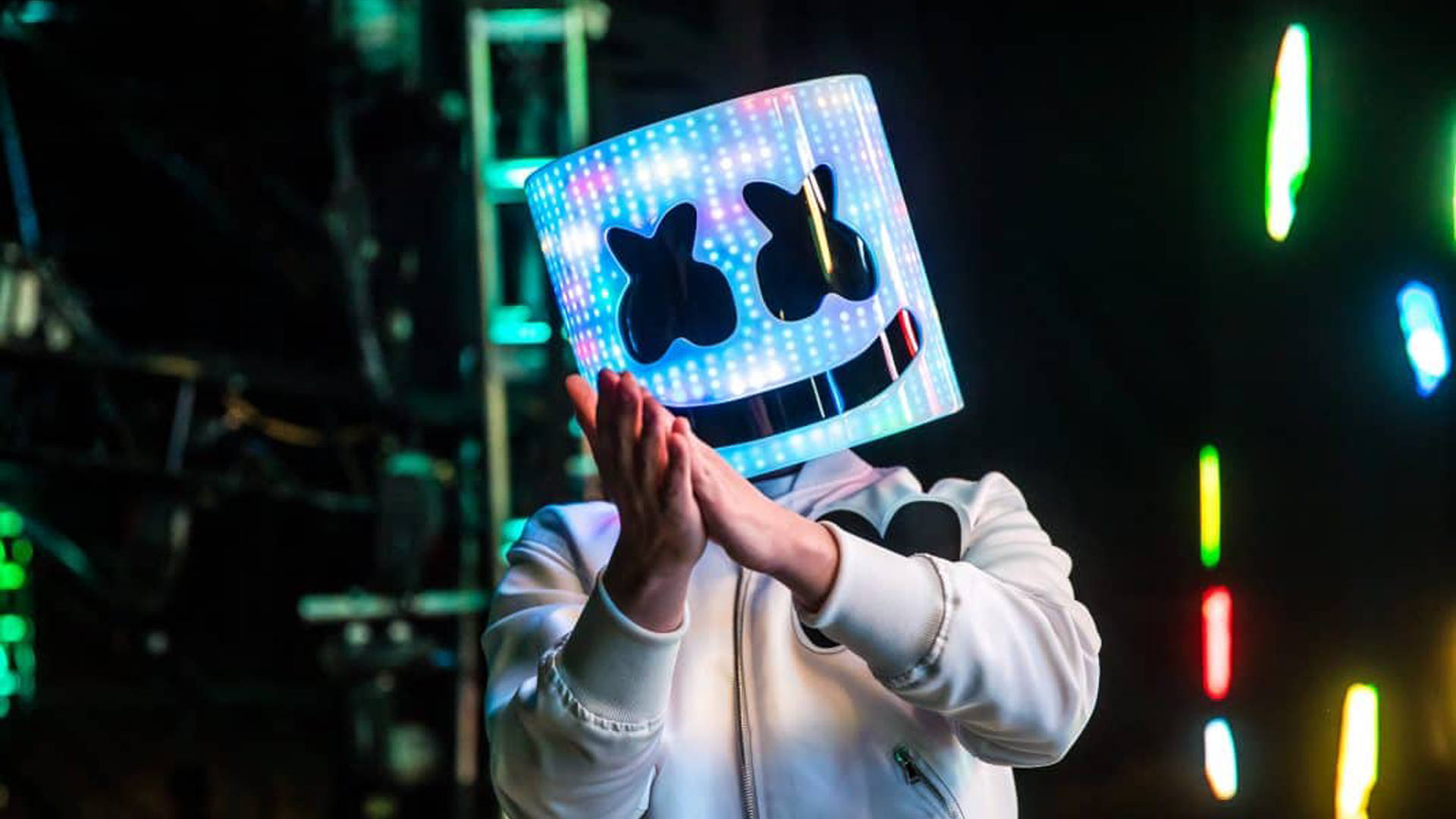 Black Marshmello, glowing blue LED mask, X eyes, Full HD Desktop Wallpaper