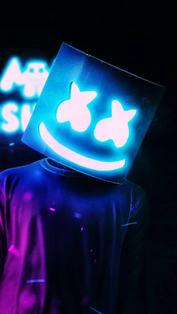 Black Marshmello, neon helmet, glowing blue square mask, HD Phone Wallpaper