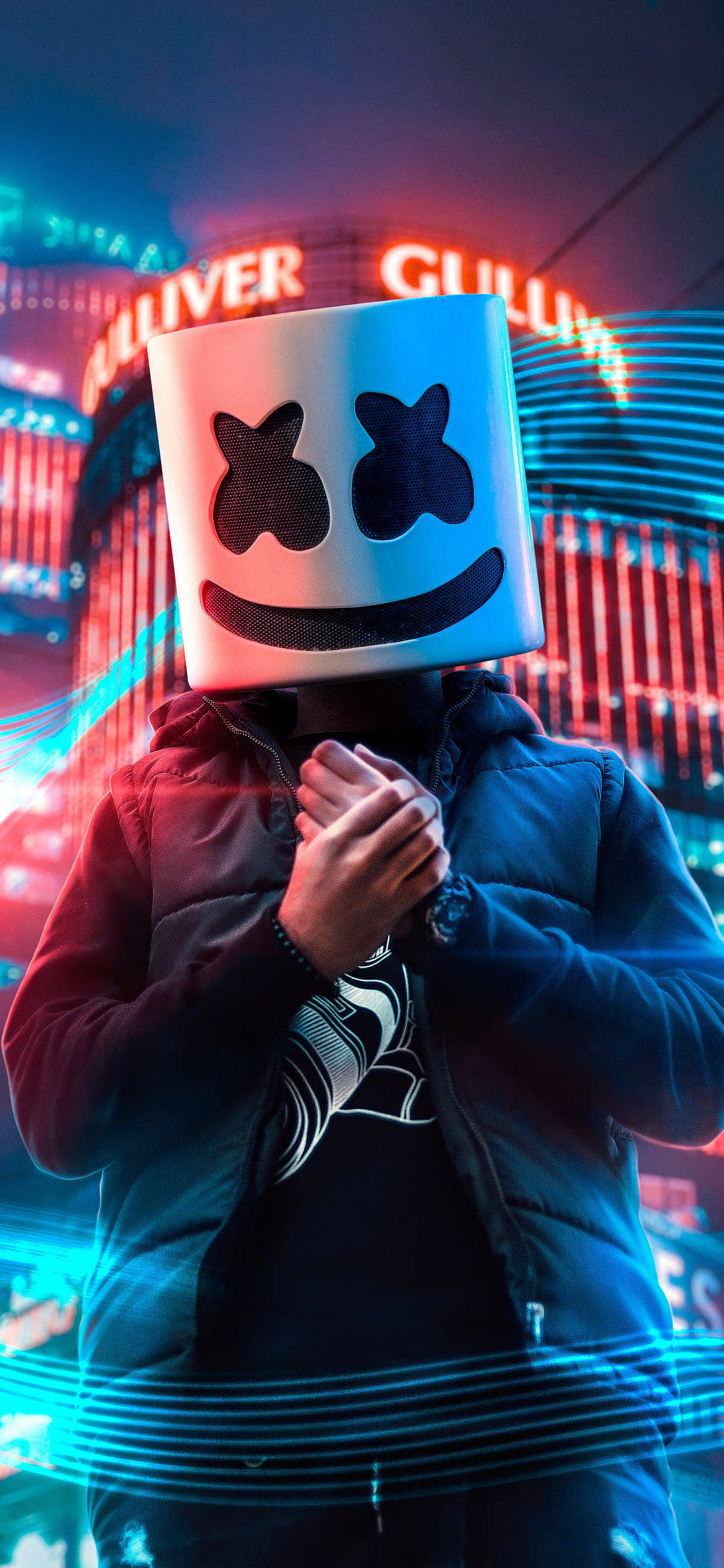 Marshmello, neon-lit cityscape, vibrant red and blue lights, Full HD Phone Wallpaper