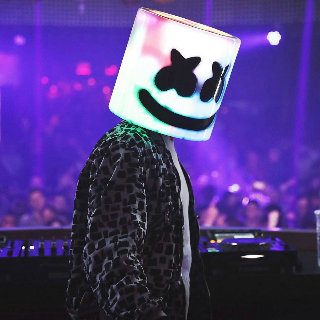 Black Marshmello, glowing cube mask, purple stage lights, SD Desktop Wallpaper