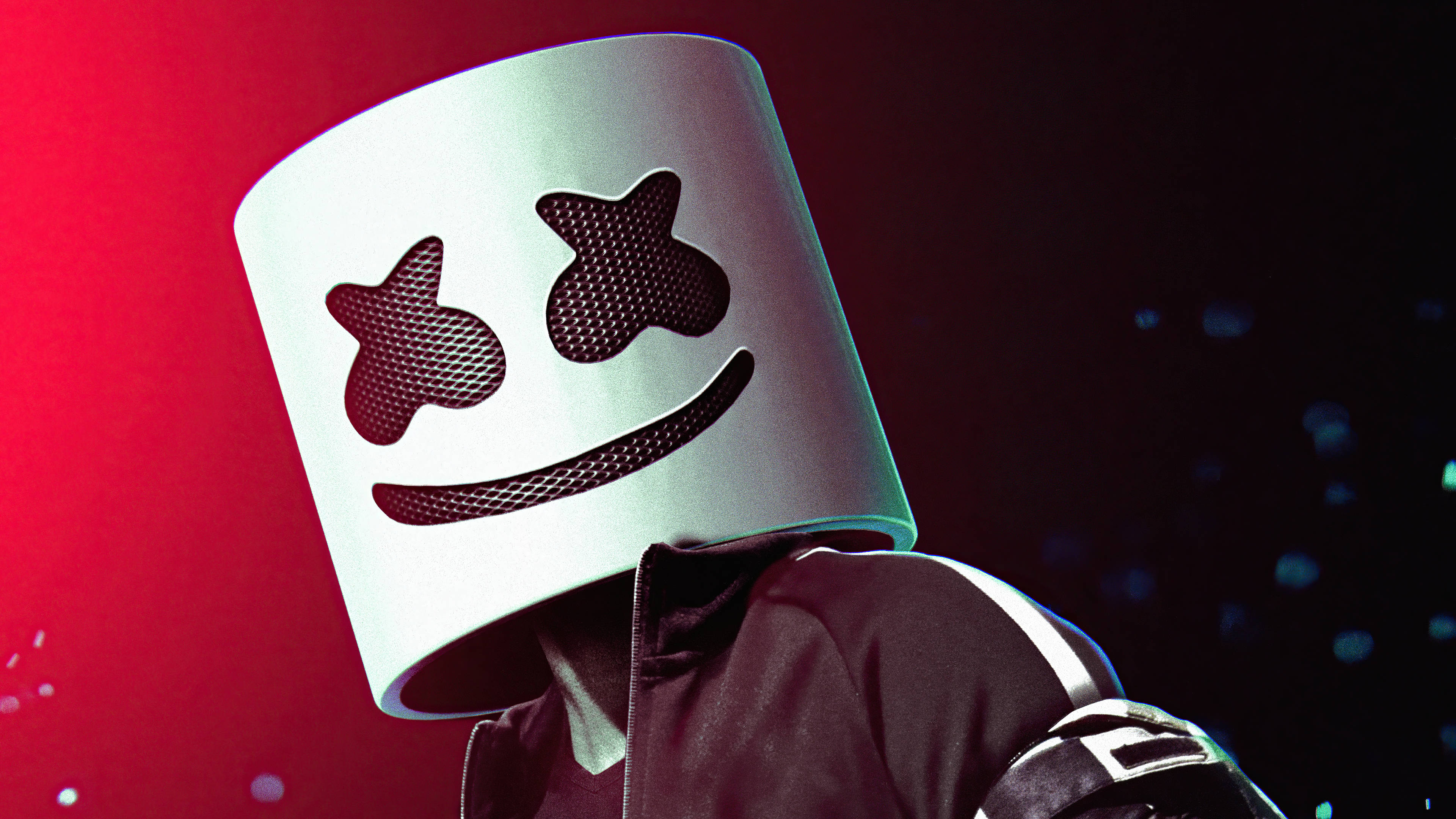 Black Marshmello, red background, white marshmallow helmet, 4K Desktop Wallpaper