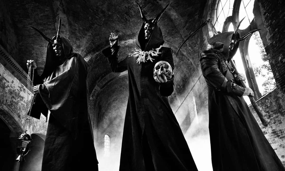 black metal music, three horned hooded figures, black robes, SD Desktop Wallpaper