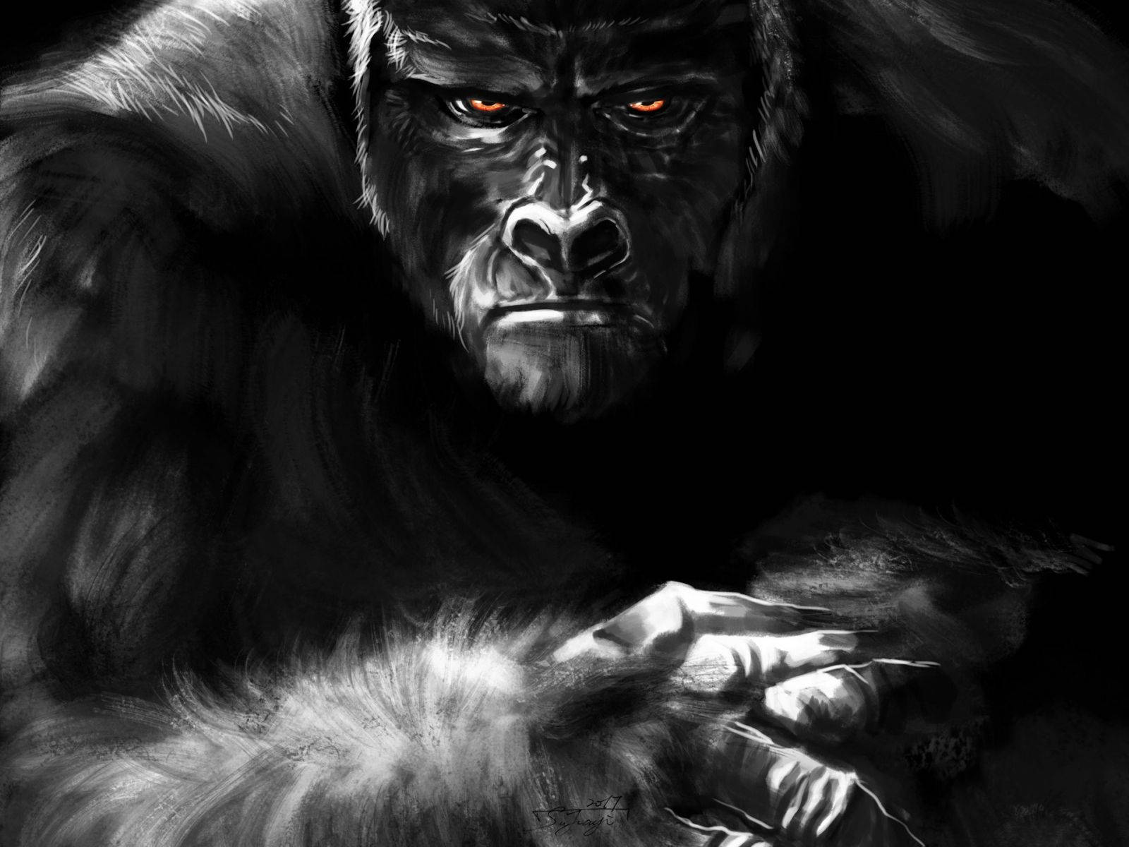 Black Monkey, glowing orange eyes, dark monochrome illustration, HD Desktop Wallpaper