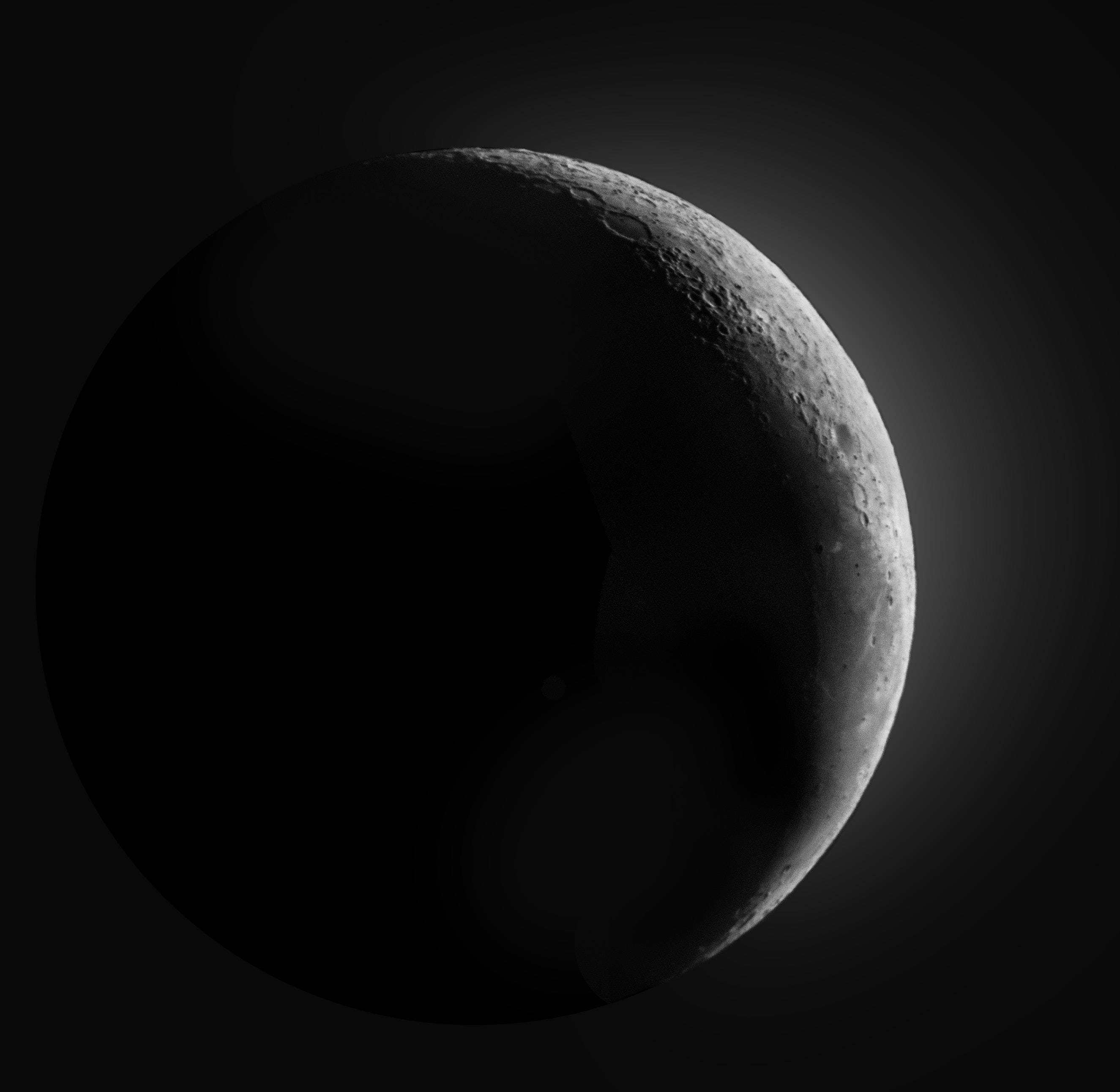Black Shadow On The Moon, crescent moon, cratered terrain, 2K Desktop Wallpaper