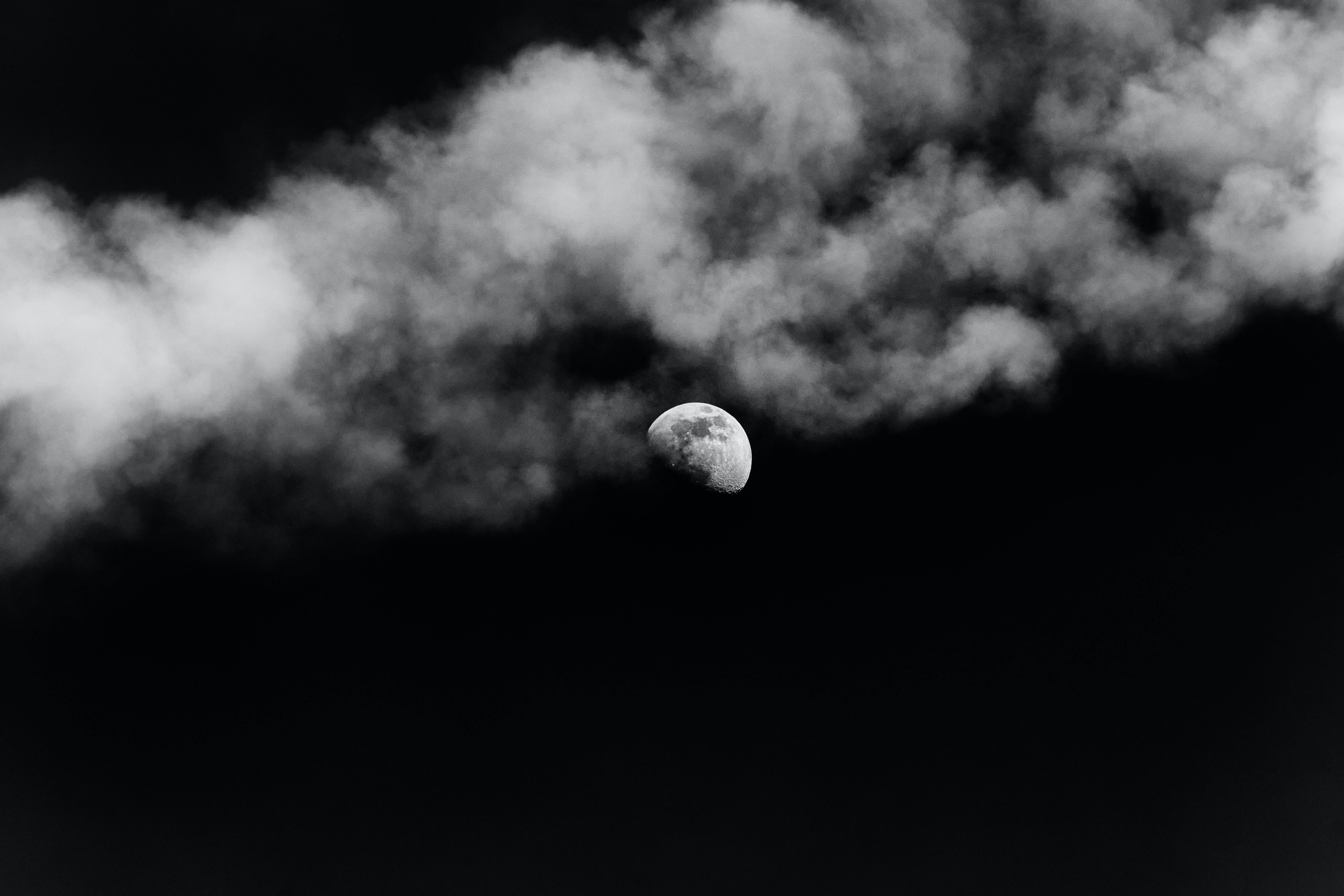 crescent moon, wispy clouds, deep black sky, 5K Desktop Wallpaper
