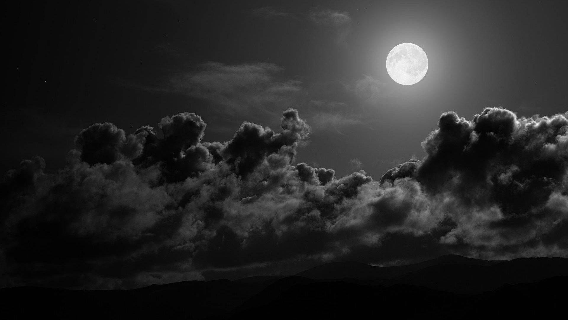 full moon, dramatic clouds, silhouetted mountain range, Full HD Desktop Wallpaper
