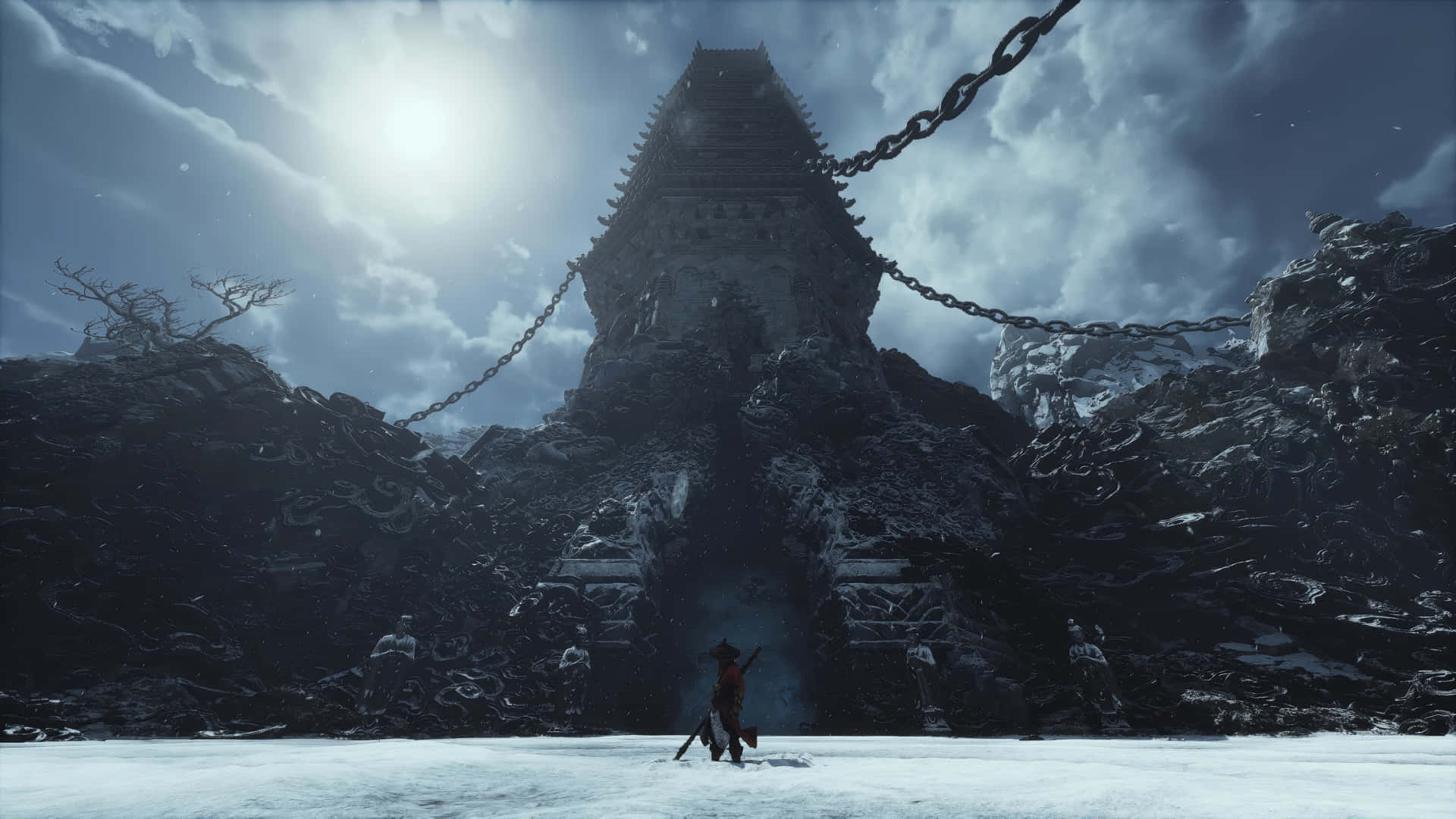 Black Myth Wukong, warrior, snow-covered pagoda, Full HD Desktop Wallpaper