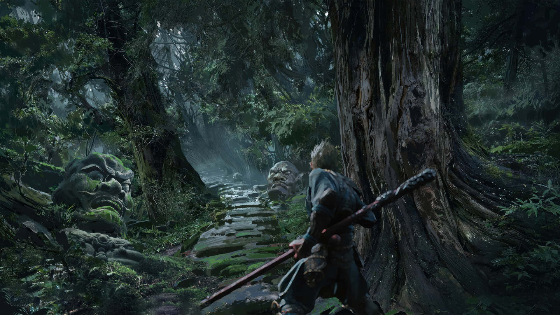 Black Myth Wukong, forest exploration, lone warrior with a staff, Full HD Desktop Wallpaper