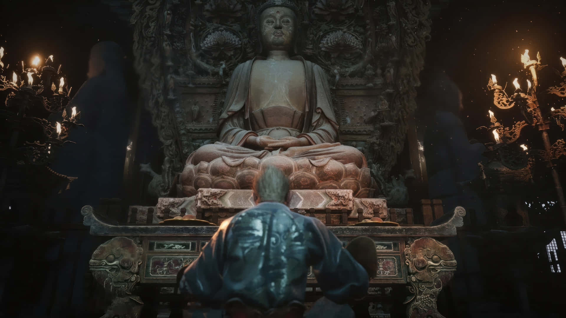Black Myth Wukong, temple, stone Buddha statue, Full HD Desktop Wallpaper