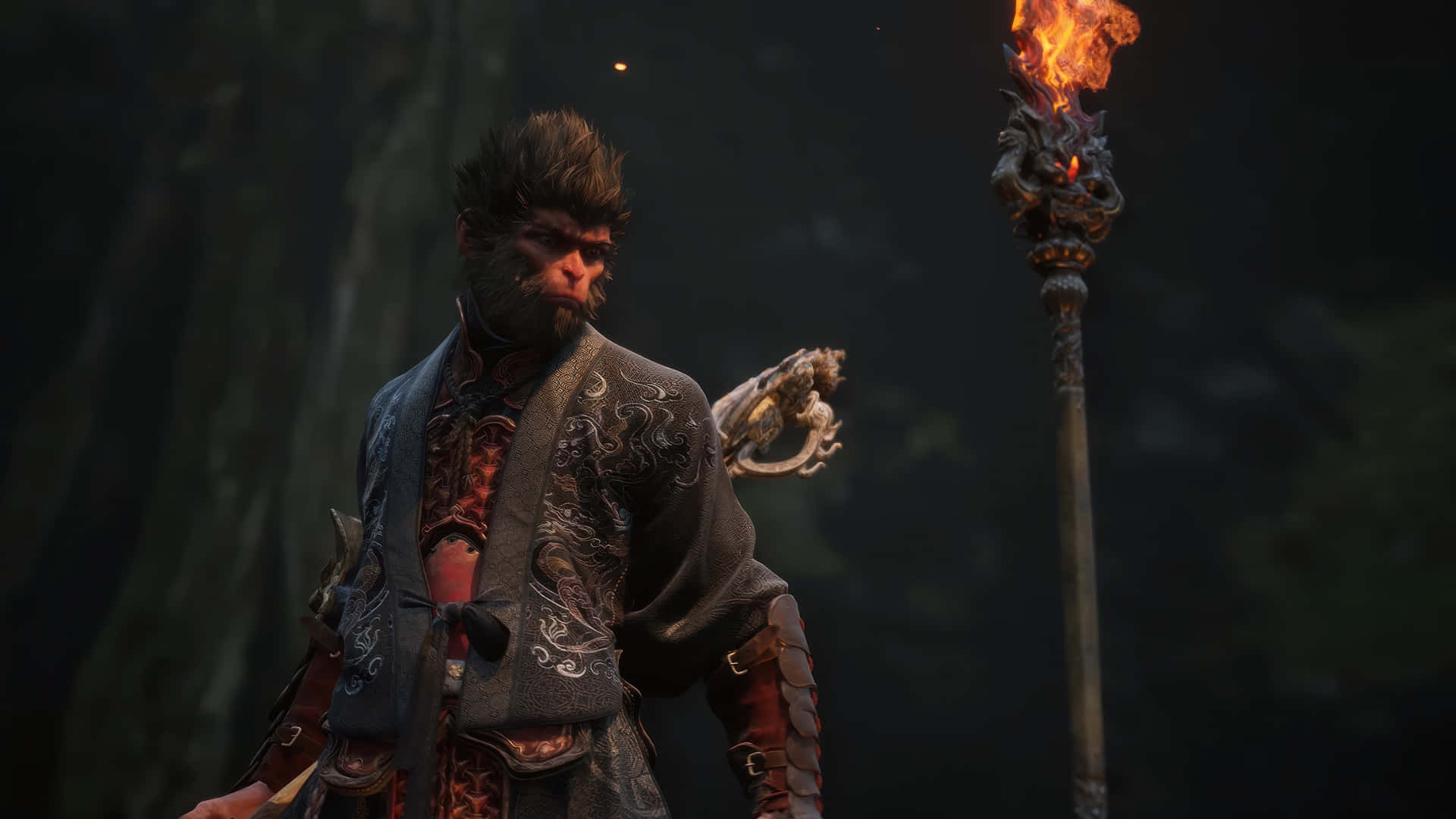 Black Myth Wukong, monkey warrior, flaming torch, Full HD Desktop Wallpaper
