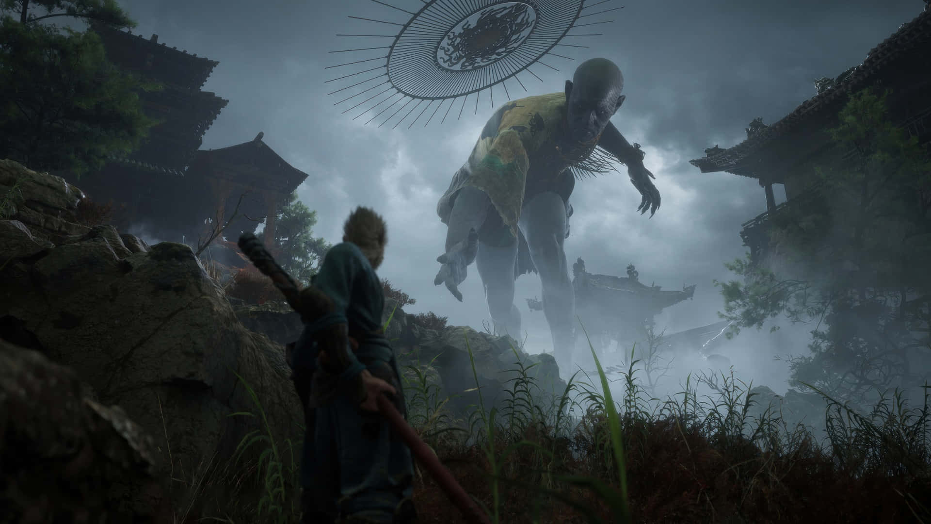 Black Myth Wukong, epic battle, towering ghostly monk, Full HD Desktop Wallpaper