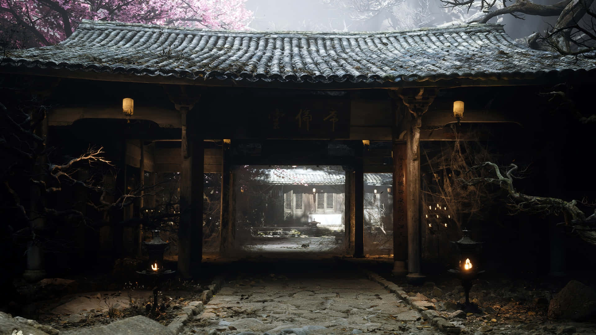 Black Myth Wukong, ancient village scene, misty traditional wooden gate, Full HD Desktop Wallpaper