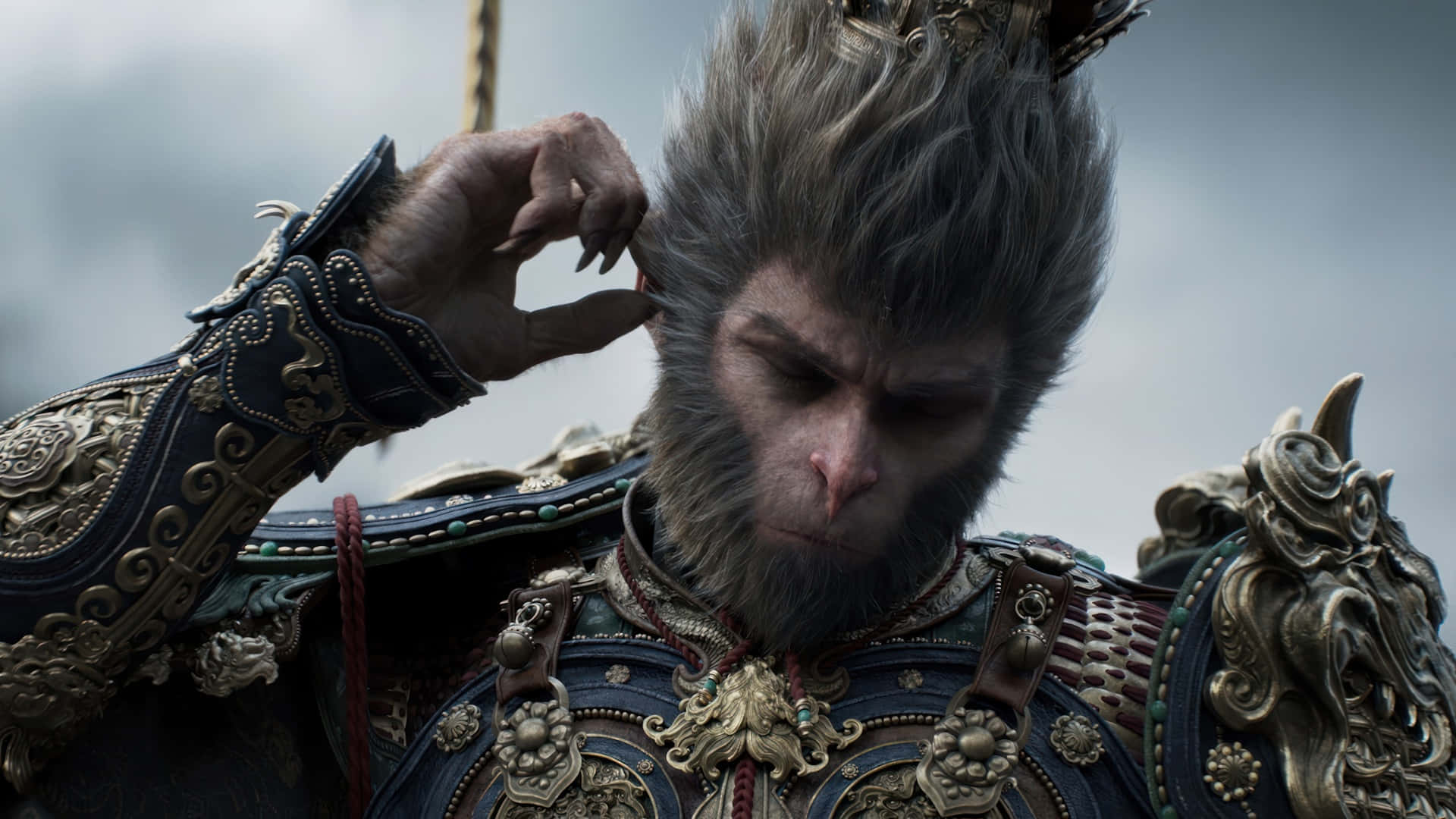 Black Myth Wukong, monkey warrior, dark blue and gold armor, Full HD Desktop Wallpaper