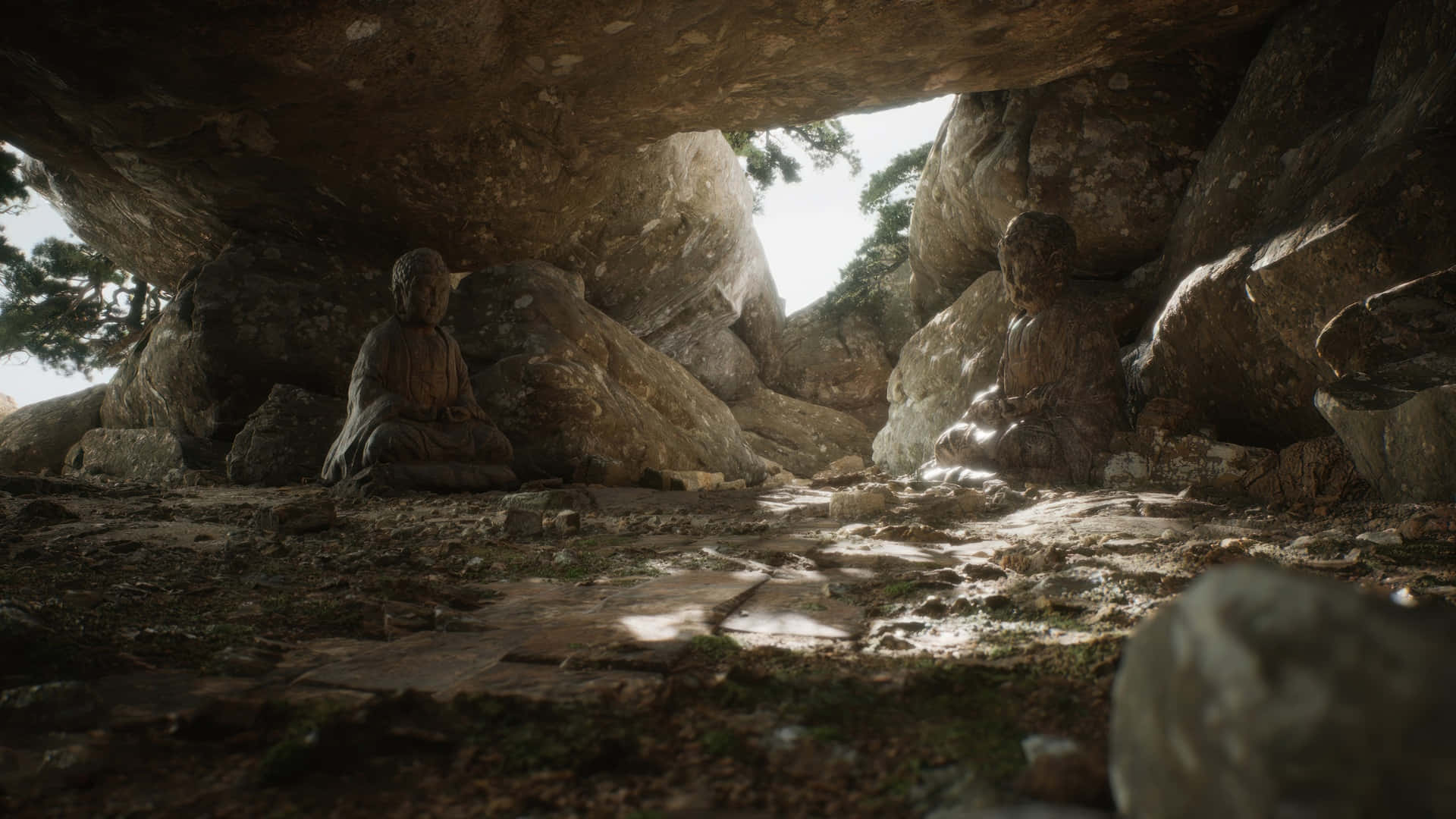Black Myth Wukong, cave exploration, stone Buddha statues, Full HD Desktop Wallpaper