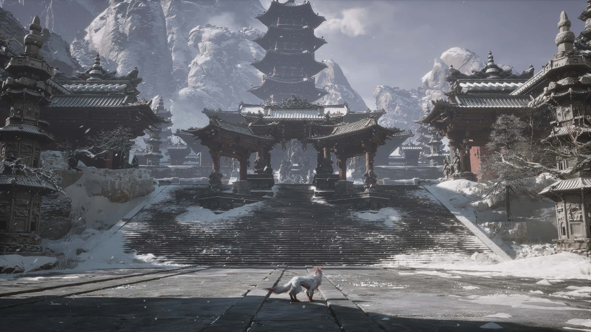 Black Myth Wukong, ancient temple scene, snow-dusted stone plaza, Full HD Desktop Wallpaper