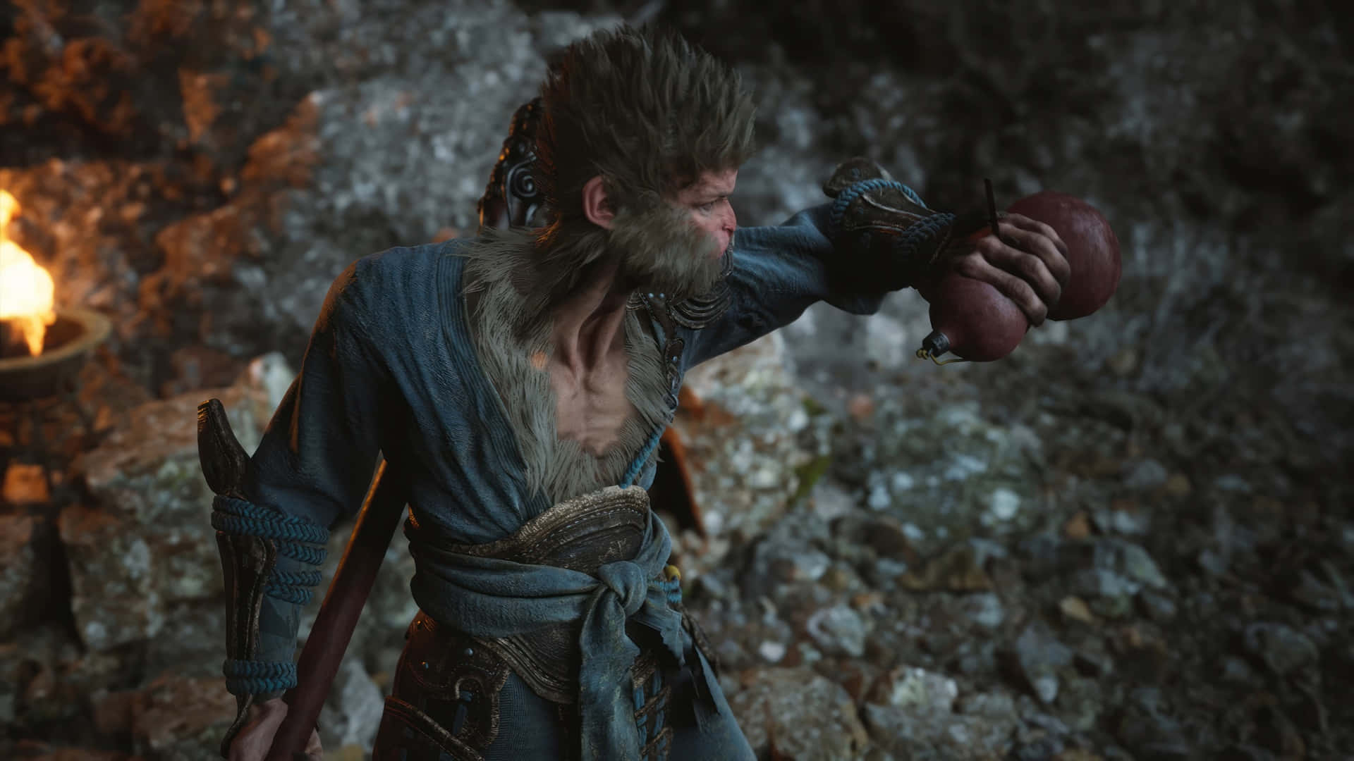 Black Myth Wukong, muscular monkey warrior, blue robes, Full HD Desktop Wallpaper