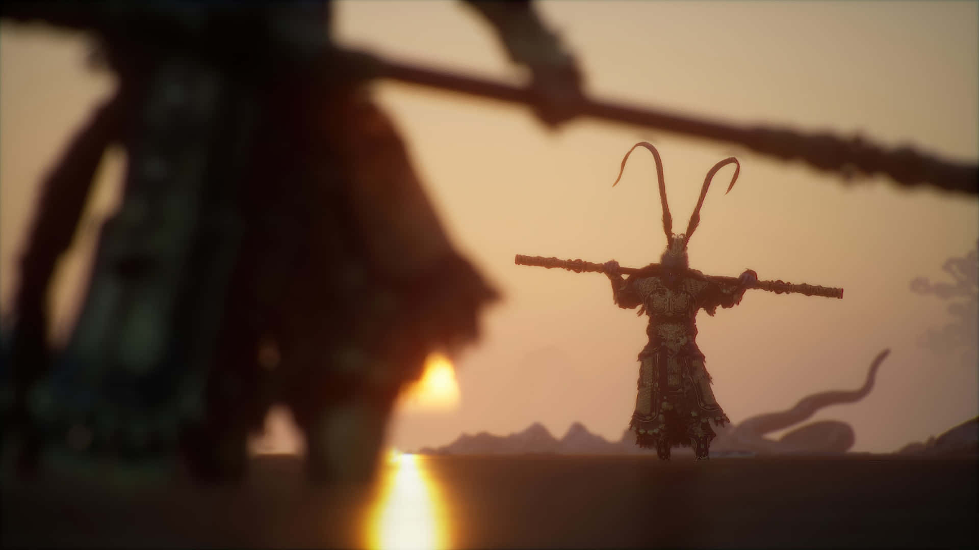 Black Myth Wukong, warrior with curved horns and staff, glowing sunset, Full HD Desktop Wallpaper