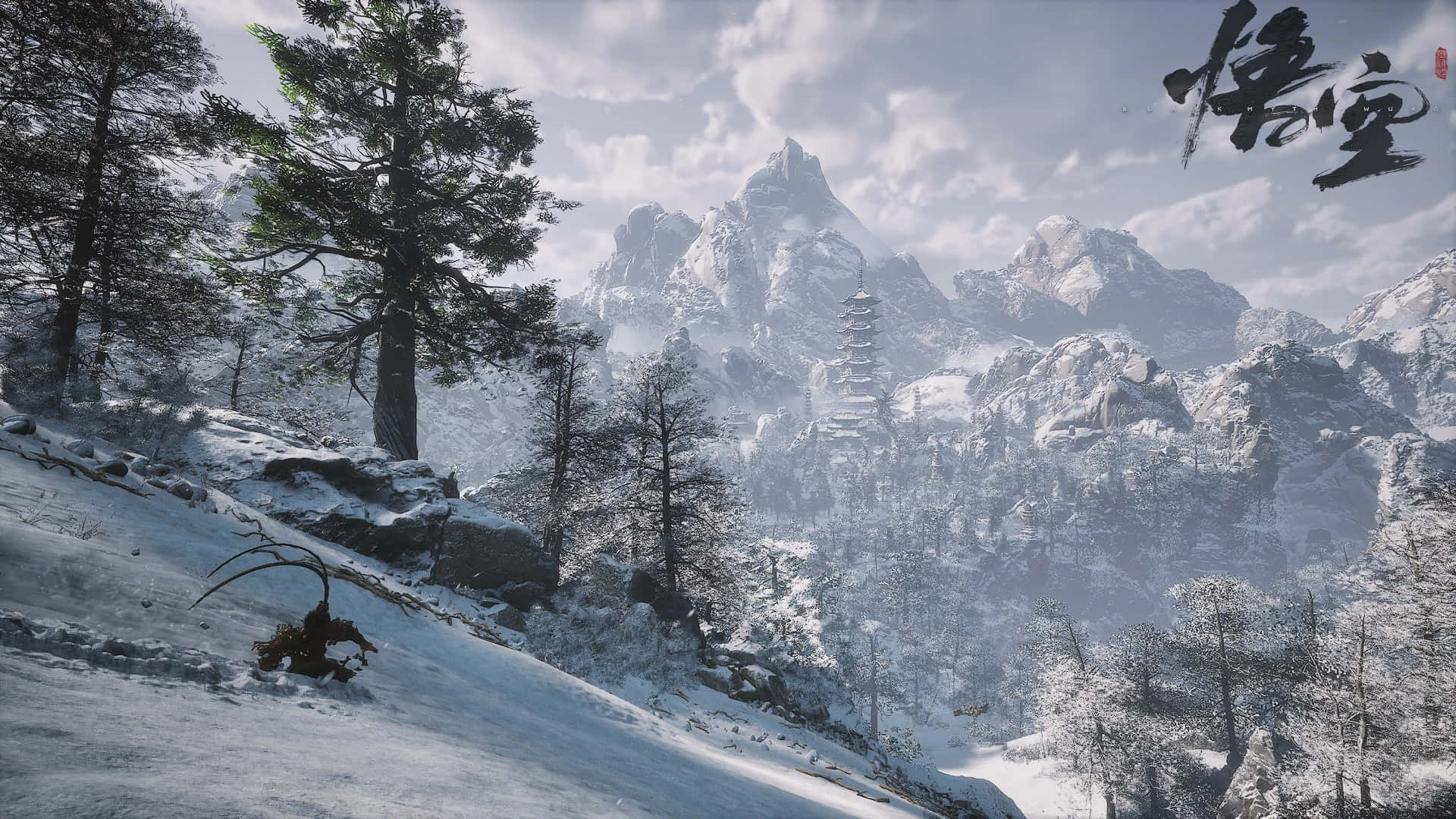 Black Myth Wukong, snowy mountain, pine tree, Full HD Desktop Wallpaper